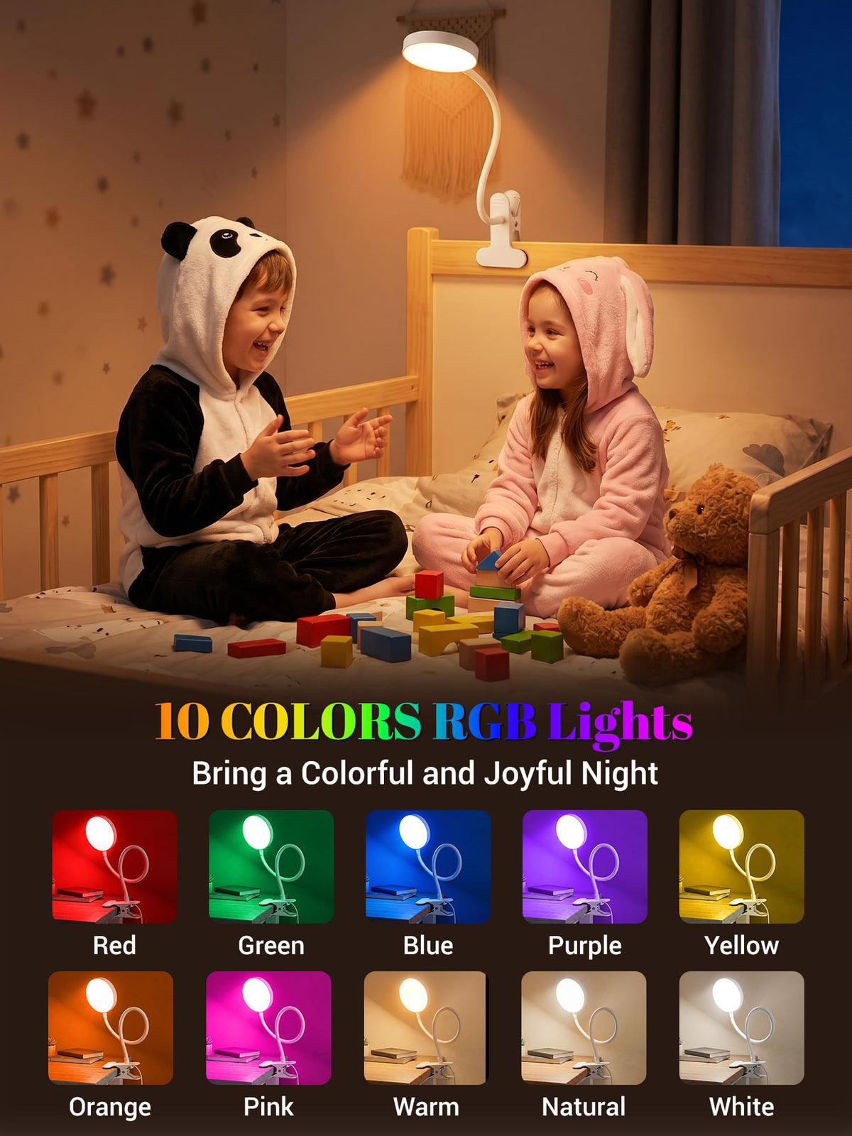 Reading Light,10 RGB Colors Desk Lamp with Clamp,10 Dimmable Clip on Light