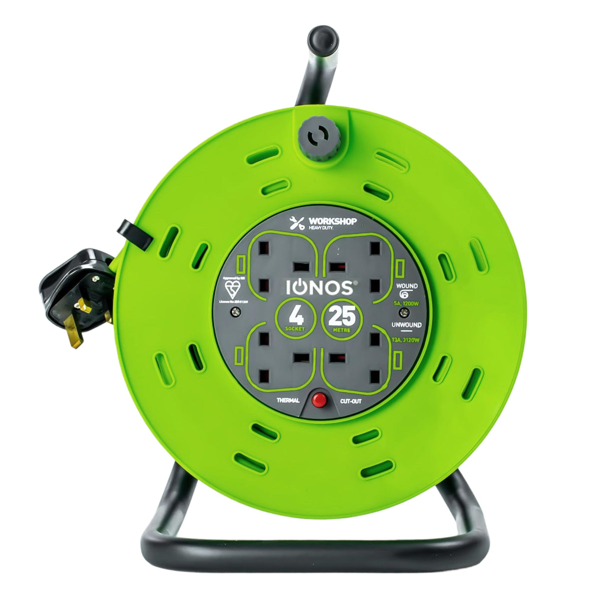 IONOS 2 Socket Cable Reel, 10m Outdoor Garden Extension Lead, DIY