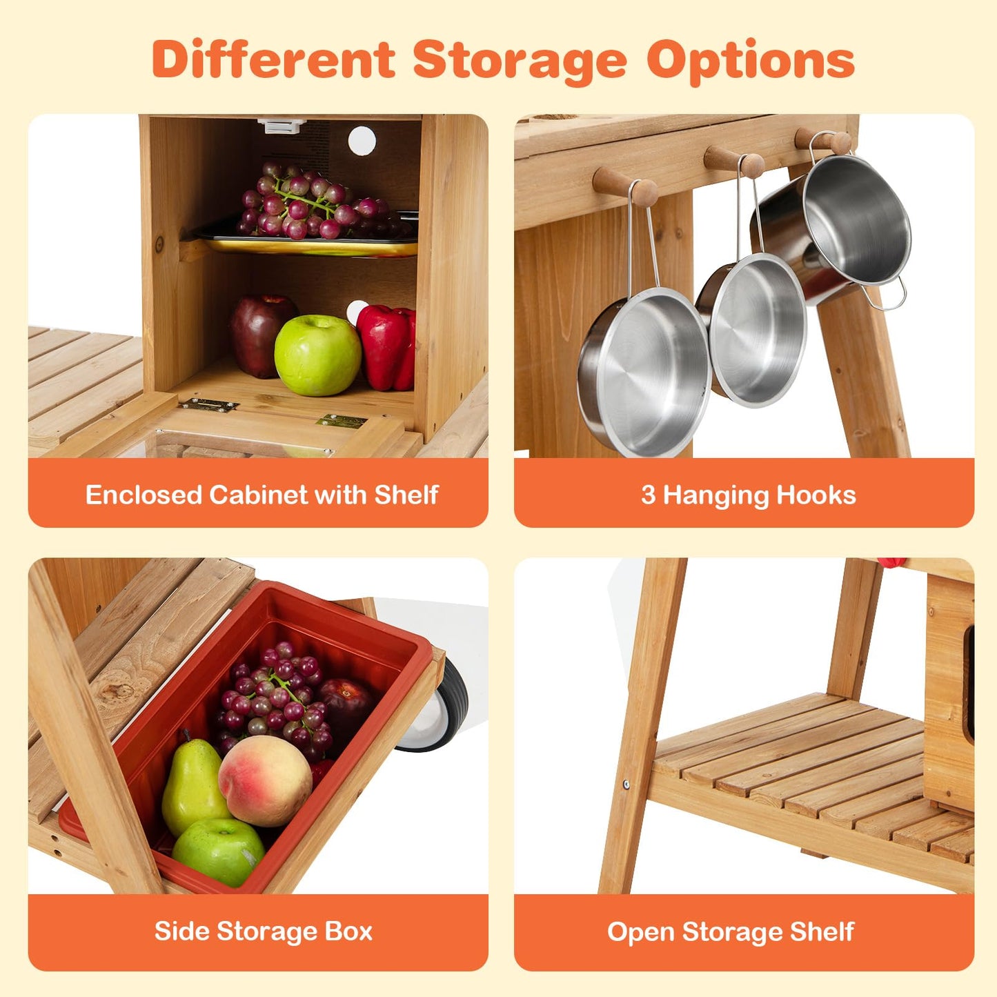 COSTWAY Wooden Mud Kitchen, Outdoor Kitchen Playset with Umbrella, Sink, Storage Cabinet and Accessories, Wheeled Role Pretend Cooking Cart for Kids Toddlers (Natural+White)