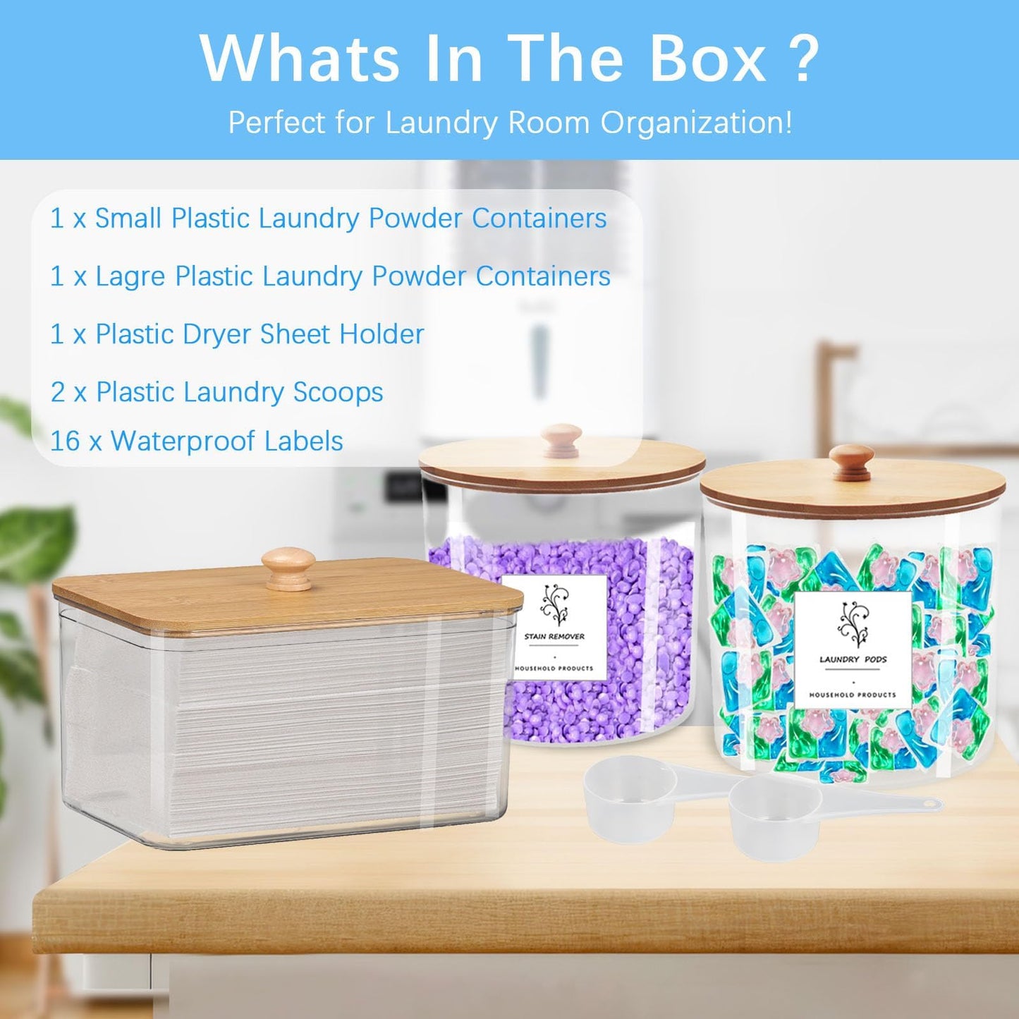 3-Pack Clear Laundry Pods Storage Container with Bamboo Lid, Labels & Scoop – Washing Pods Holder for Powder, Dishwasher Tablets, Scent Booster – Laundry, Bathroom, Kitchen Organization(Square)