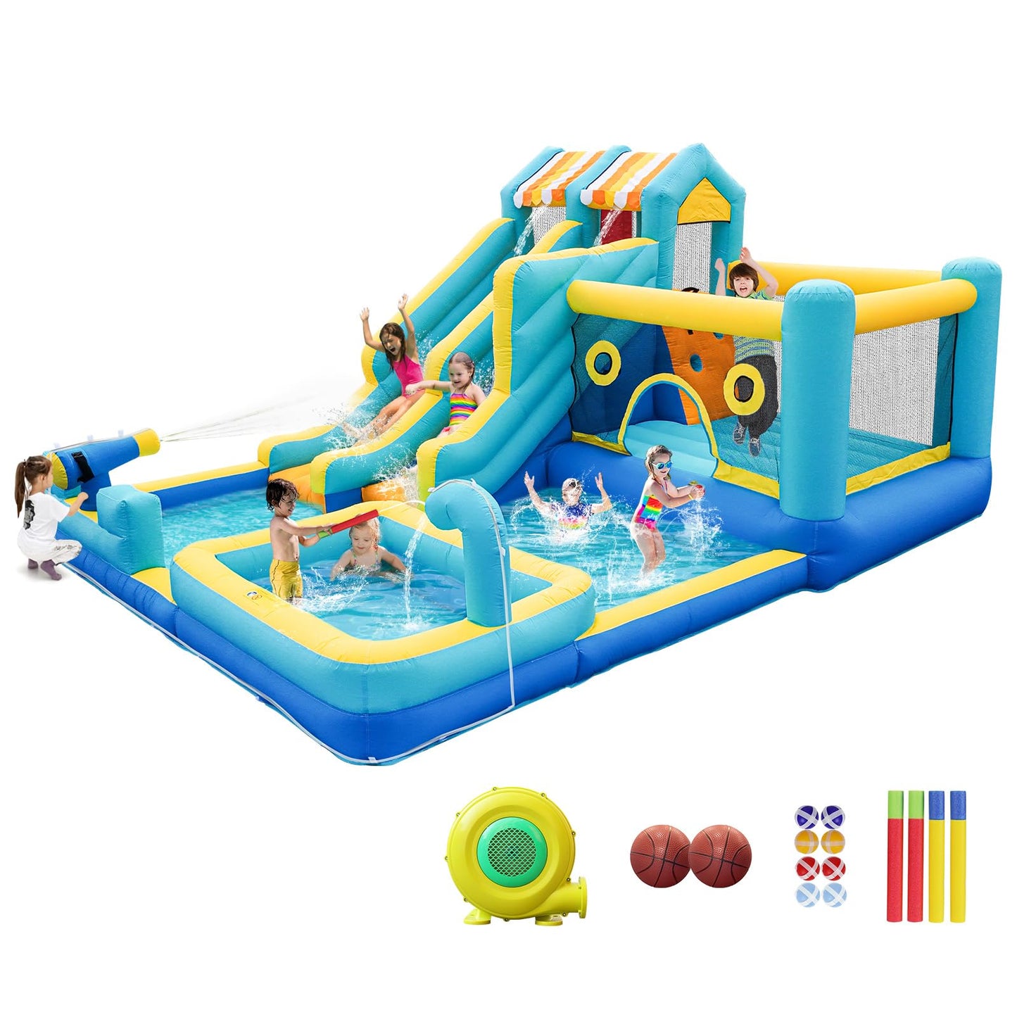 Inflatable Bouncy Castle with Slide Trampoline and Ball Pit, Bounce House Indoor Outdoor with Air Blower for Toddler Garden Park Backyard Party Wedding Birthday Gift, 470 x 400 x 220 cm