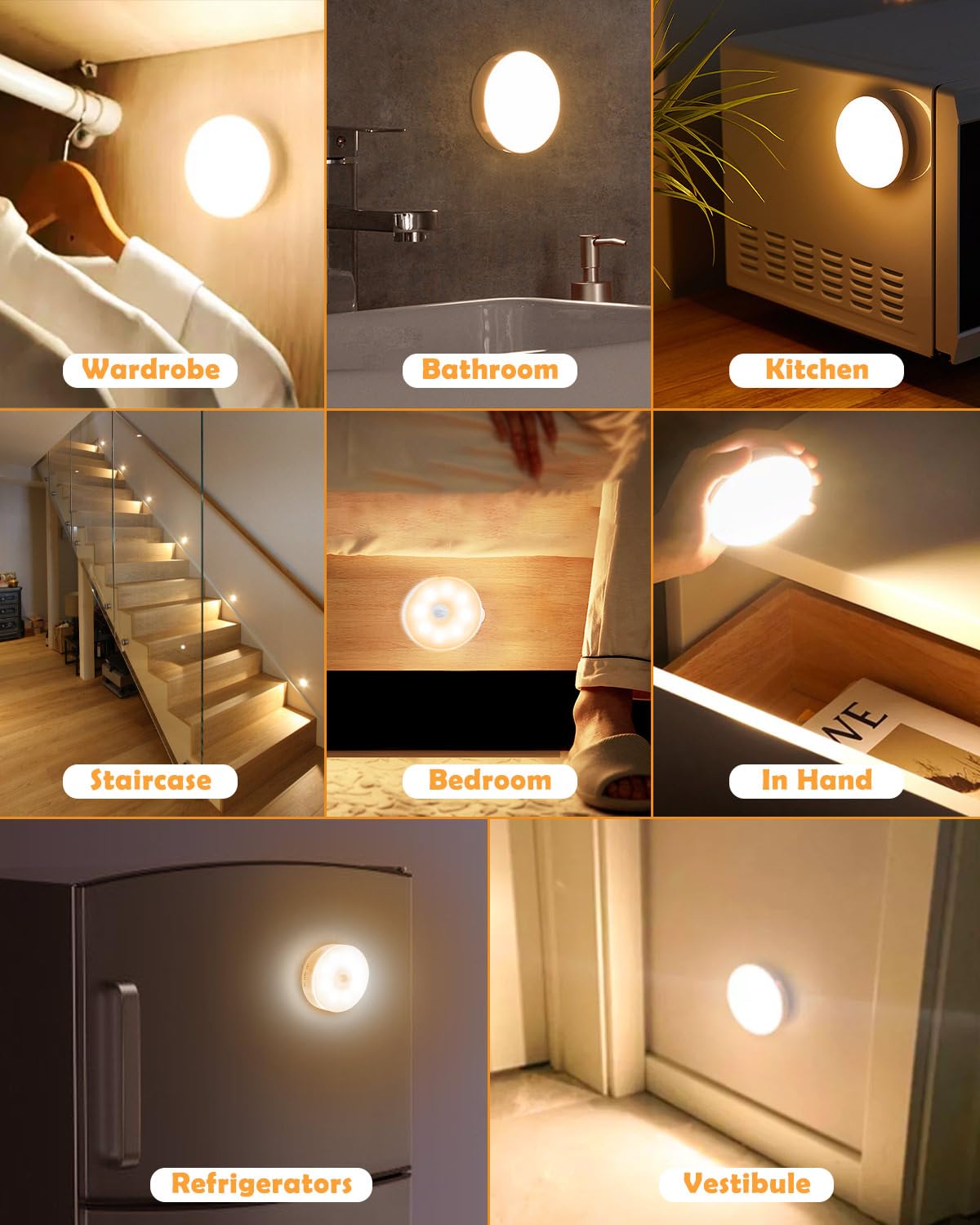 Motion Sensor Lights Indoor, 6 Pack Cupboard Lights, Stair Lights Night Lights, 3 Modes USB Charging Wall Lights, Magnetic Sensor Lights Indoors for Kitchen Stair Closet Under Cabinet