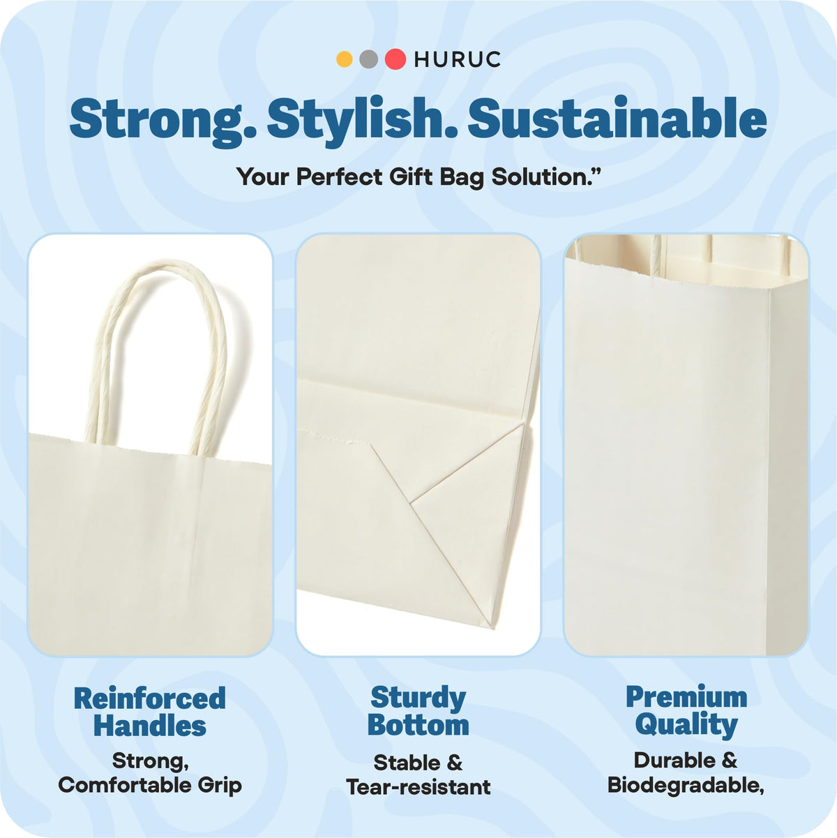 HURUC Brown Paper Bags with Handles 50 Pack Medium 130 GSM