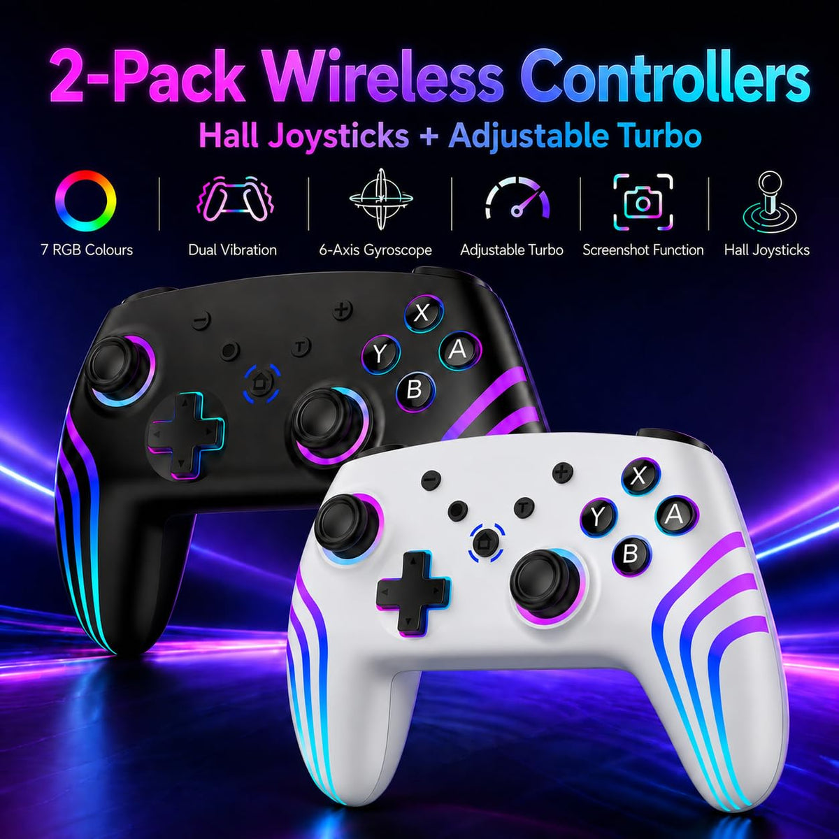 Riscvma 2pcs Controller for Switch/Switch 2/Lite/OLED/PC, Wireless Controller for Switch with 7 Color Changing RGB Lighting/Dual Vibration/6 Axis Gyroscope/Turbo, Ergonomic Precise Joystick