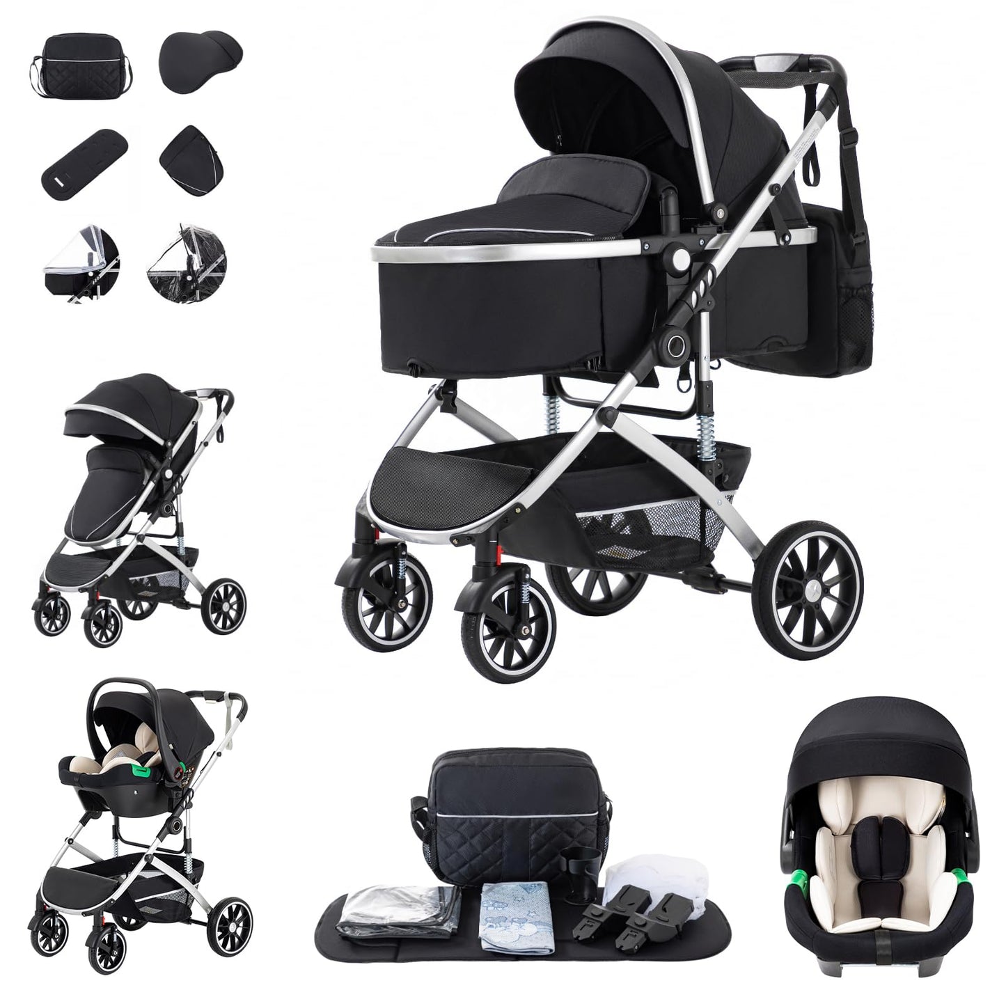 Zkipm Baby Pram 3 in 1, Foldable Baby Stroller,Pram Set Travel with Adjustable-Height Push Handle, Present Rain Cover, Mosquito Net, Bag, Cooling Mat, ect for Ages 0–3