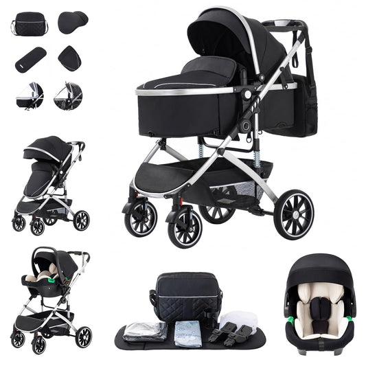 Zkipm Baby Pram 3 in 1, Foldable Baby Stroller,Pram Set Travel with Adjustable-Height Push Handle, Present Rain Cover, Mosquito Net, Bag, Cooling Mat, ect for Ages 0–3