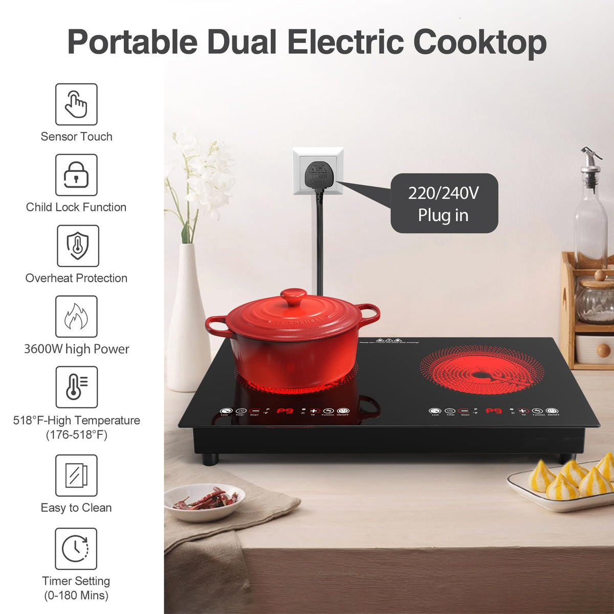 VBGK Double Induction Hob,220V 3600W 2 Ring Induction Hob with Knob Control,9 Power Levels, Kids Lock & Timer,LED Touch Control,Overheat Protection