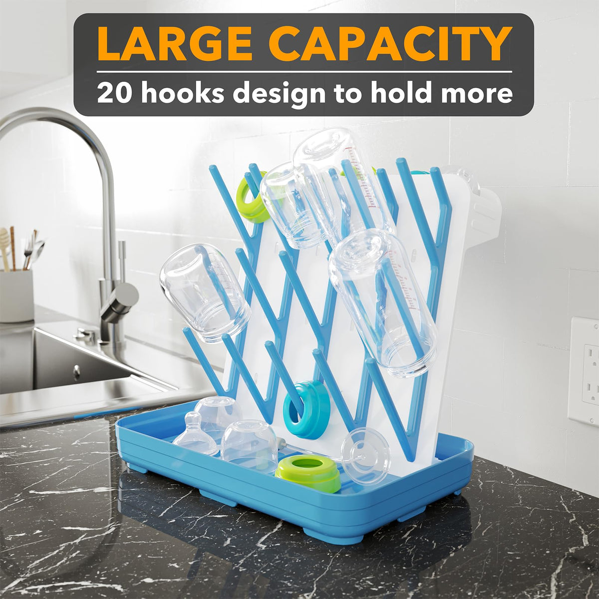 SpaceAid Baby Bottle Drying Rack with 20 Hooks, White and Gray