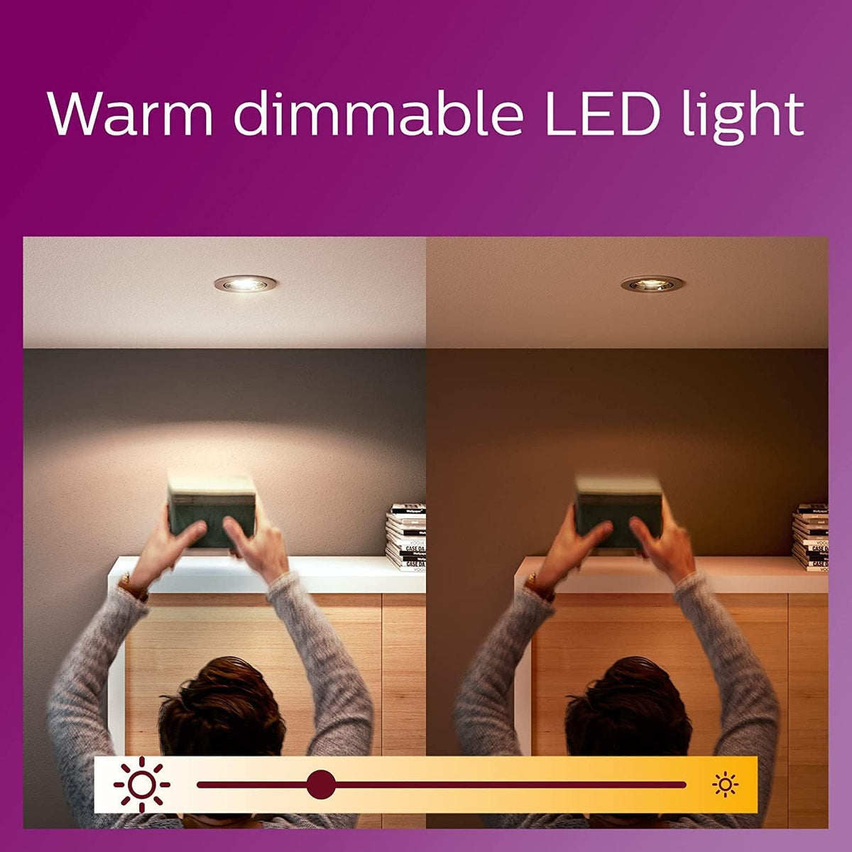 PHILIPS WarmGlow 6 Pack Dimmable [GU10 Spot] LED Light Bulbs, 3.8 W - 50W Equivalent, 2700-2200K. for Relaxed Home Lighting