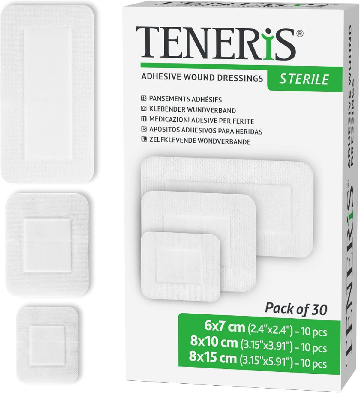 Sterile Adhesive Wound Dressings – Pack of 30 Assorted Sizes (6×7, 8×10, 8×15) – Individually Wrapped, Breathable Surgical Plasters for Post-Operative Wound Care & Medical Device Fixation