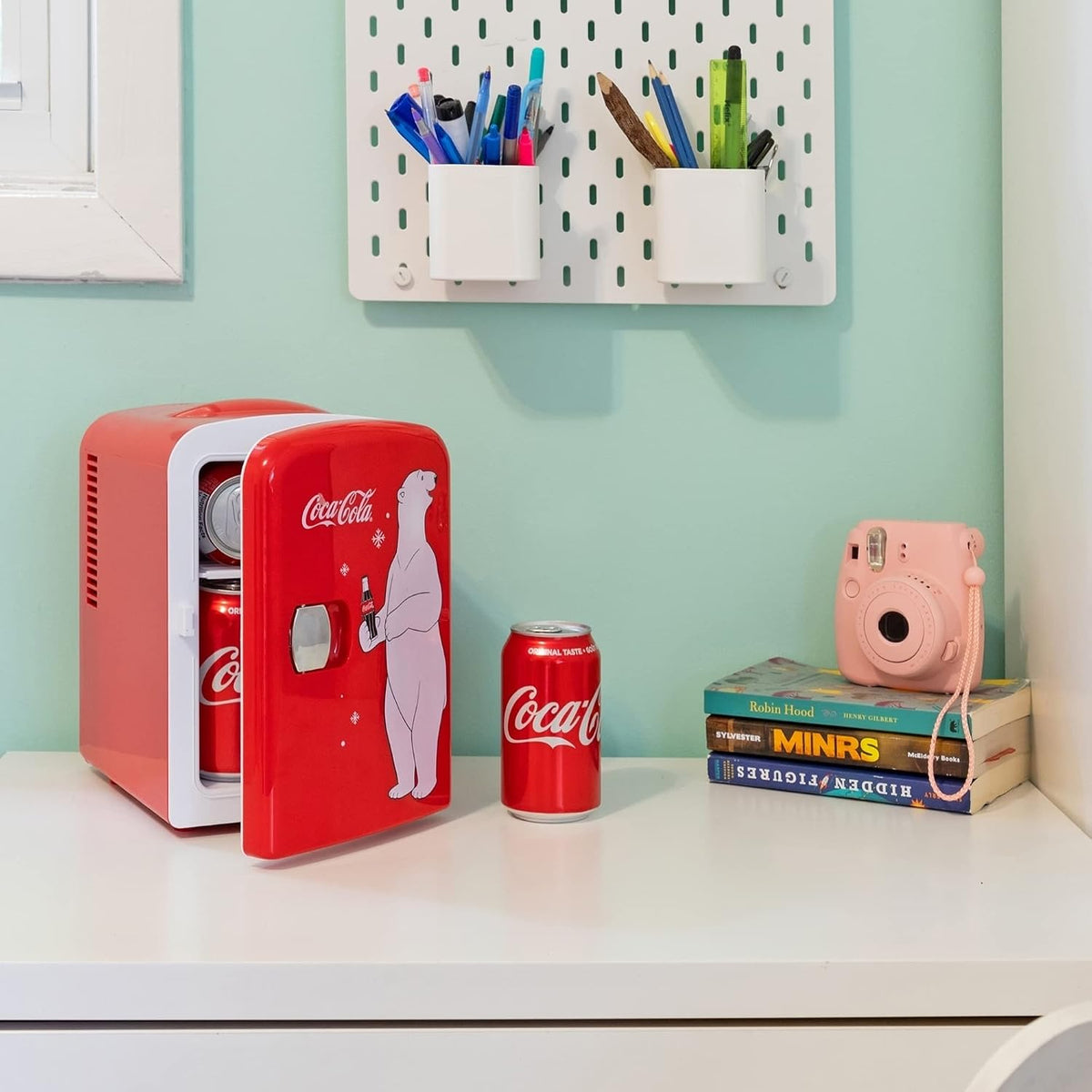 Coca Cola Polar Mini Fridge - Refrigerator for Bedroom Skincare Office, Portable Table Top Beverage Cooler, 12V DC/220V AC Refrigerador For Drinks, Soda, Wine, Use In Car, Dorm, Patio, 6 Can