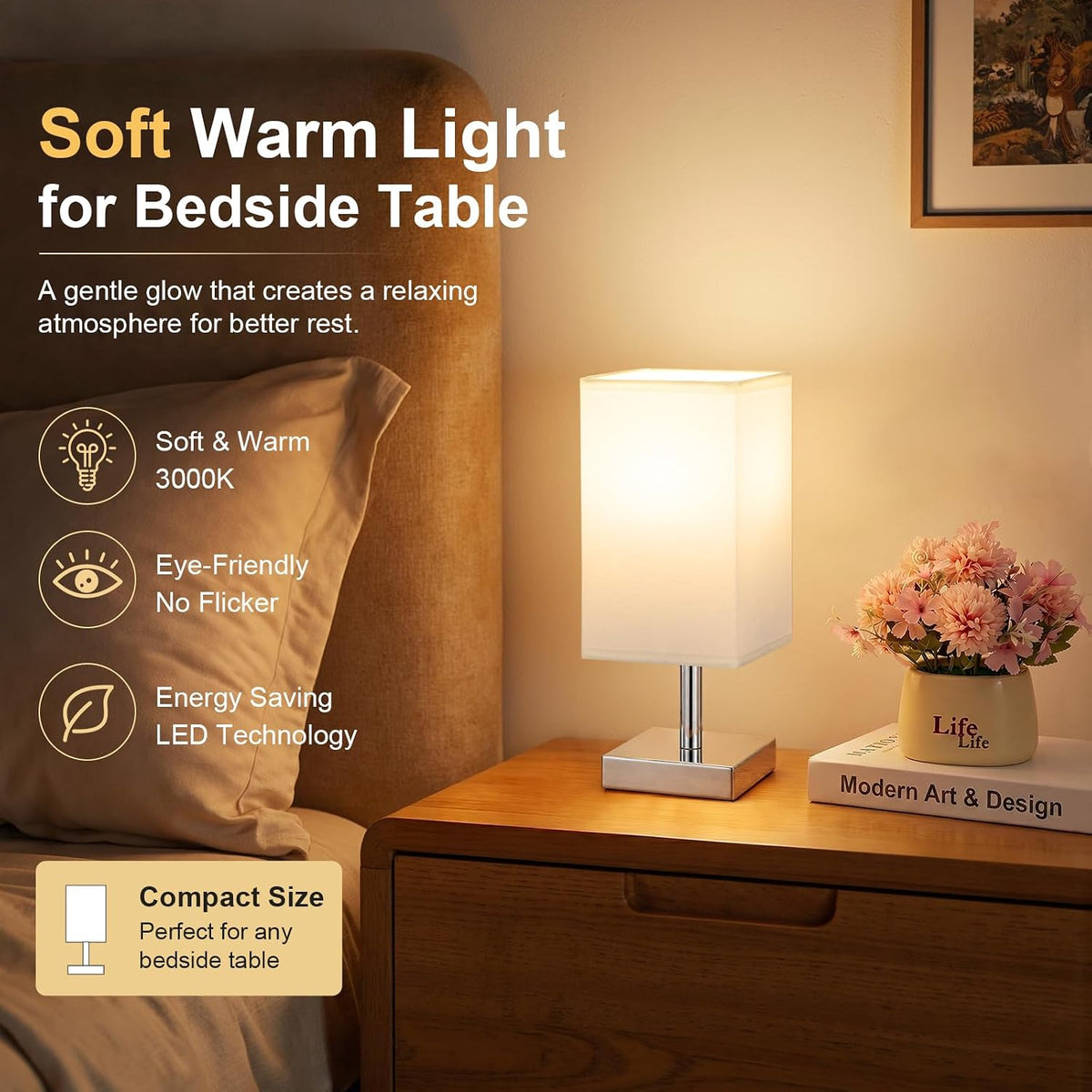 White Table Lamp for Bedroom, Small Bed Lamp with for Bedroom, Silver Base(Bulb Included)