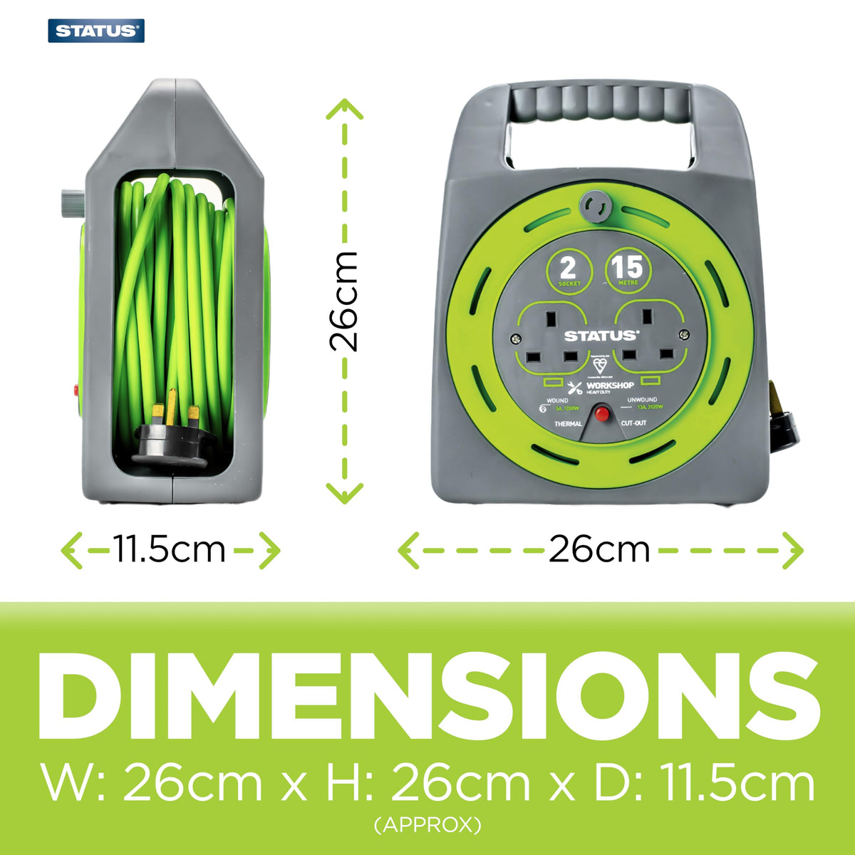 IONOS 2 Socket Cable Reel, 10m Outdoor Garden Extension Lead, DIY