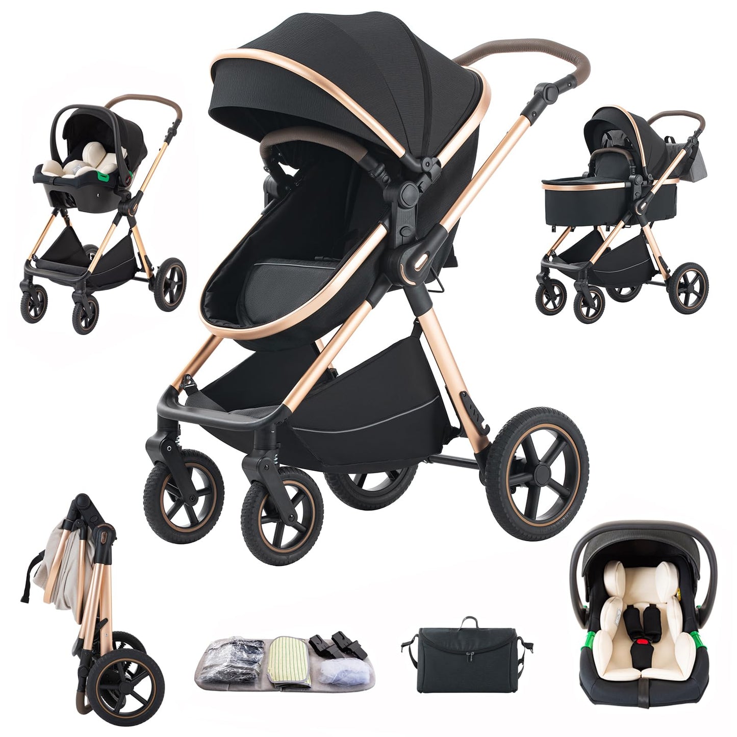3 in 1 Pram Pushchair Aluminium Frame High Landscape Combined Buggy Lightweight Folding Stroller 3 in 1 Travel System Pram for Newborns Toddlers 0-36 Months from Birth (H9-Pink, H9)