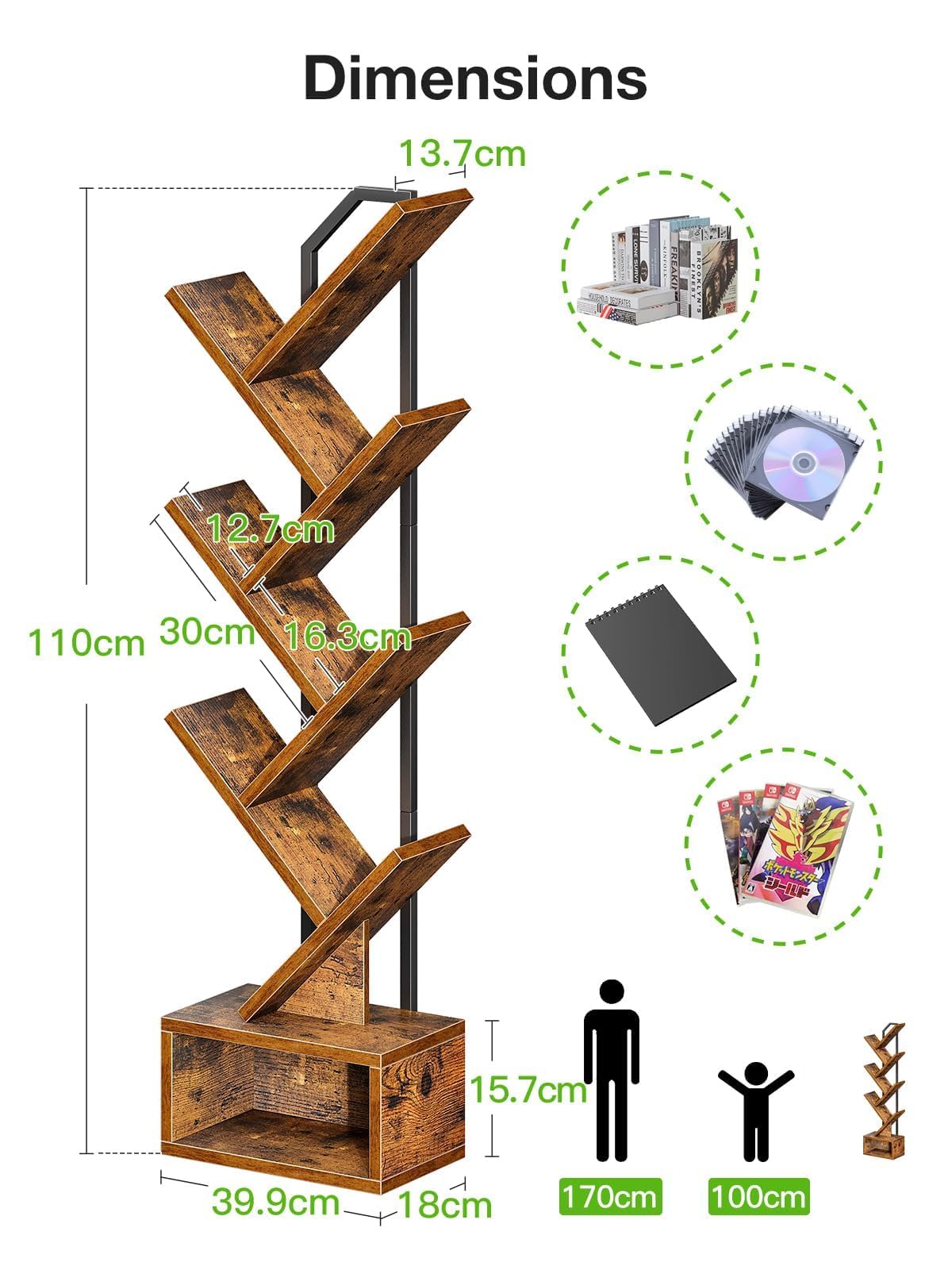 Coleshome Tree Bookshelf, 6-Tier Floor Standing Bookcase, Bookcases suitable for bedrooms and living rooms, Wooden bookshelves suitable for bedrooms and living rooms, White