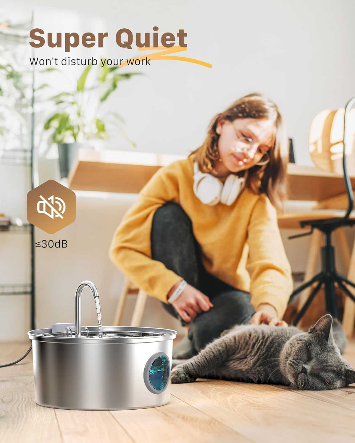 Cat Water Fountain Stainless Steel: Water Fountain Cat Bowl - 3.2L Drinking Fountains for Cats - Pet Water Dispenser - with 6 Carbon Filters + 3 Sponges