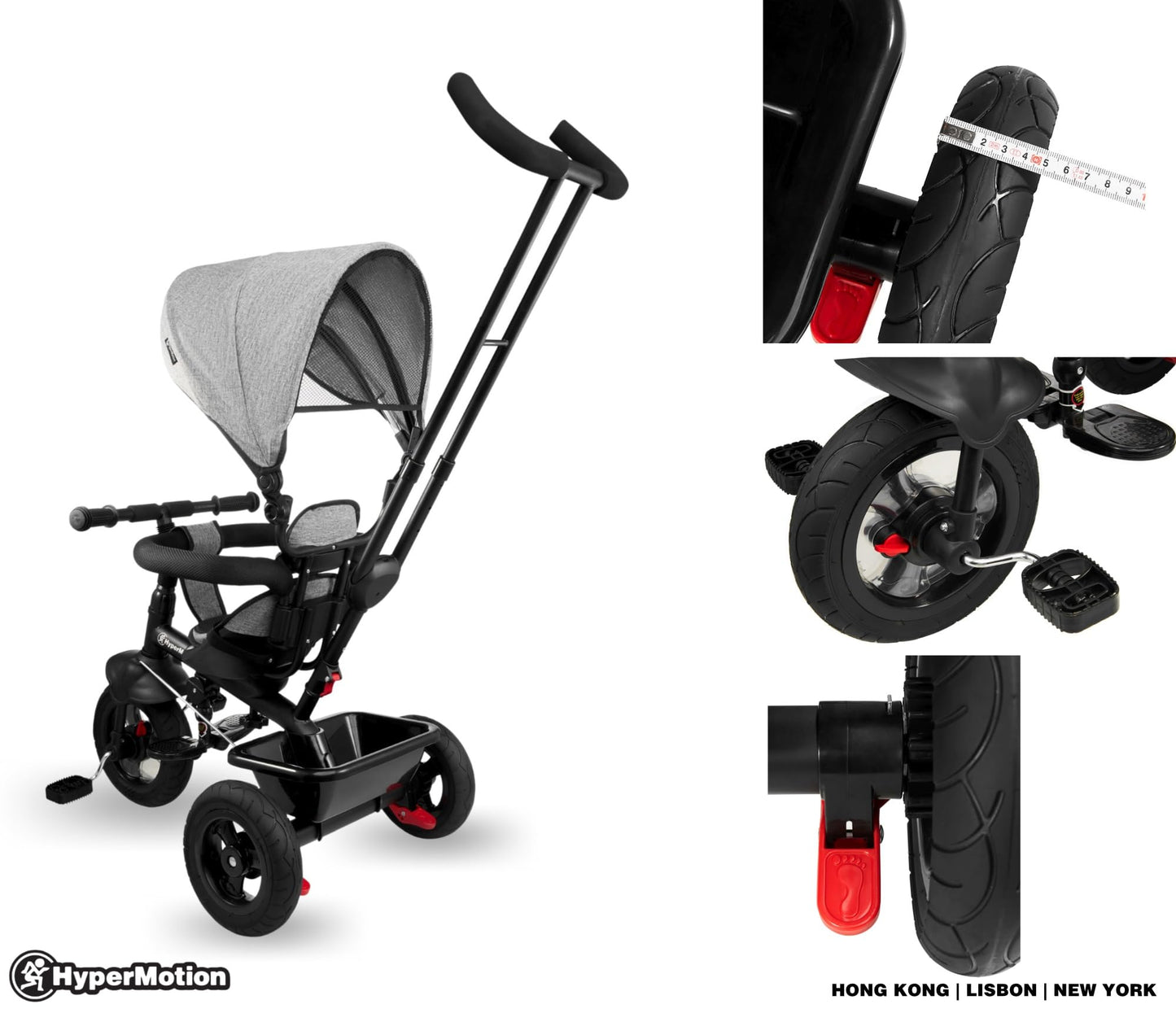 HyperMotion Toddler Tricycle with Parent Handle, Canopy, Safety Belt & Basket — From 12 Months