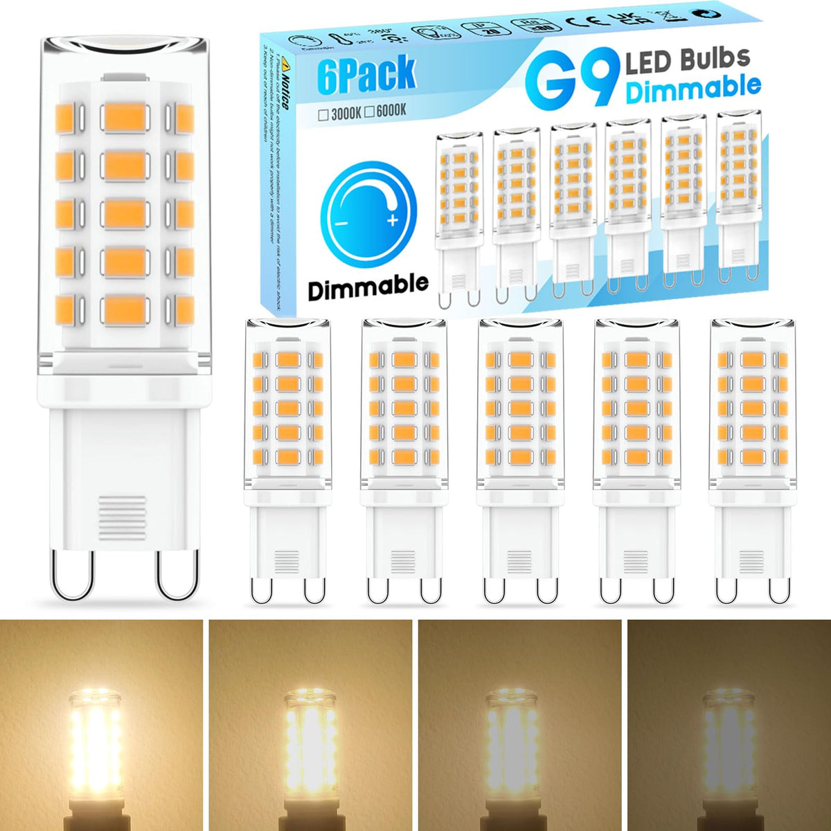 6 Pack G9 LED Bulbs Warm White, 4W, 3000K, No Flicker, Equivalent to 40W Halogen, 400LM, Non-Dimmable, Energy Saving G9 LED Light Bulbs for Decoration, Office, Home Lighting Decor and More