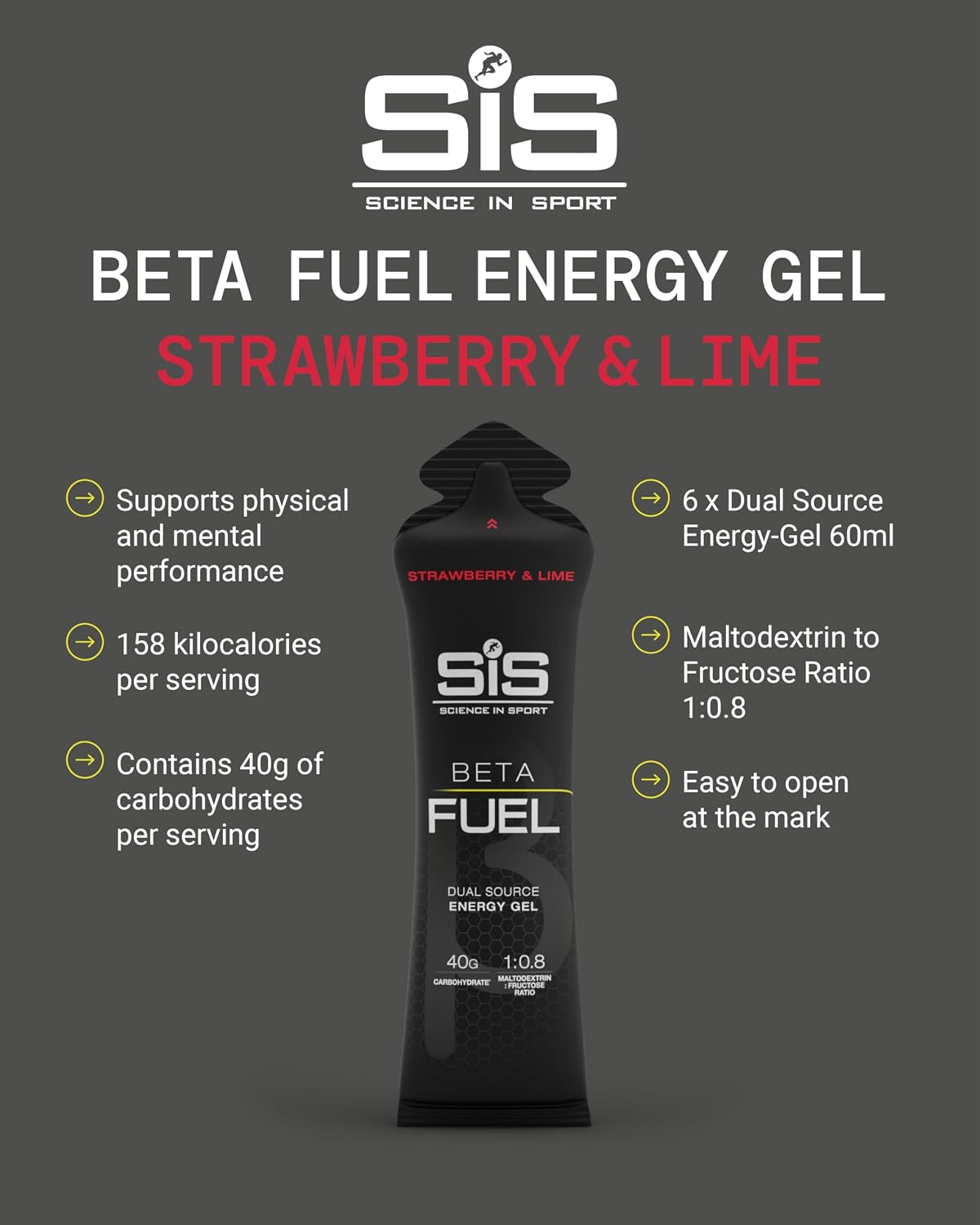 Science in Sport BETA Fuel Gels, Strawberry & Lime, 6 x 60ml