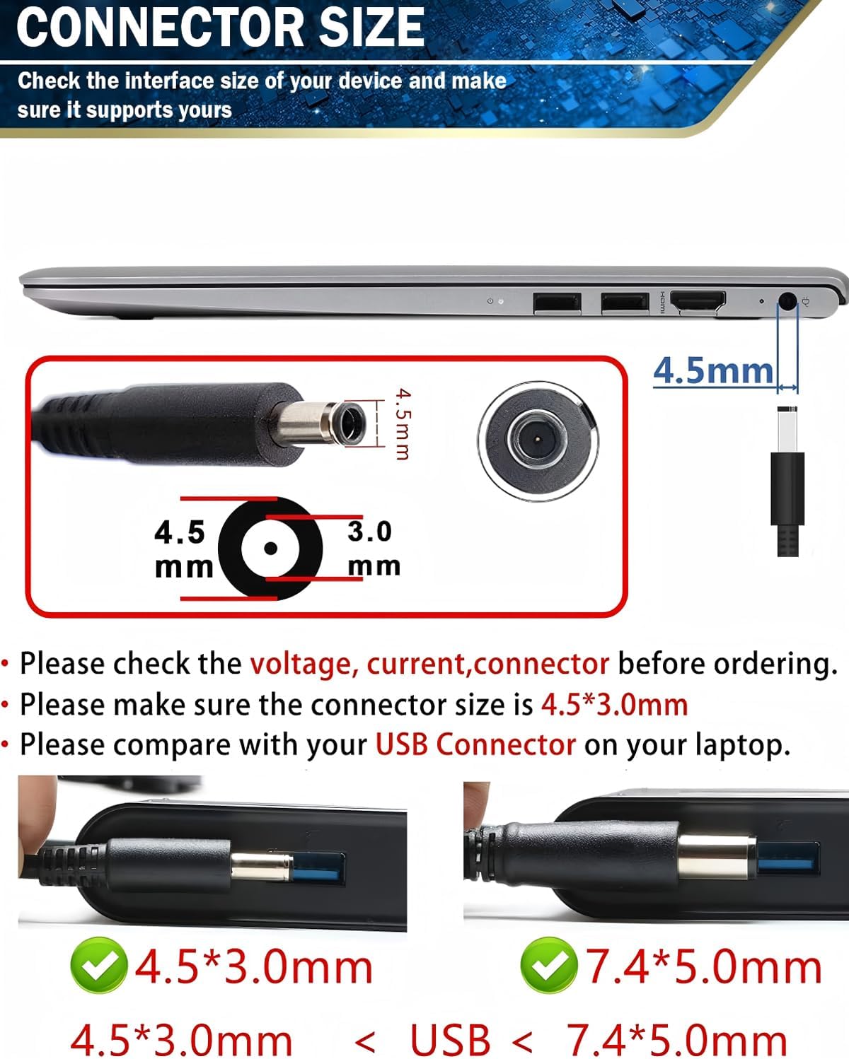 65W 45W Laptop Charger Compatible with Dell inspiron 11 13 14 15 17 3000 5000 7000 Series laptops Round Connects Chargers（ 4.5mm*3.0mm and 7.4 * 5.0mm）