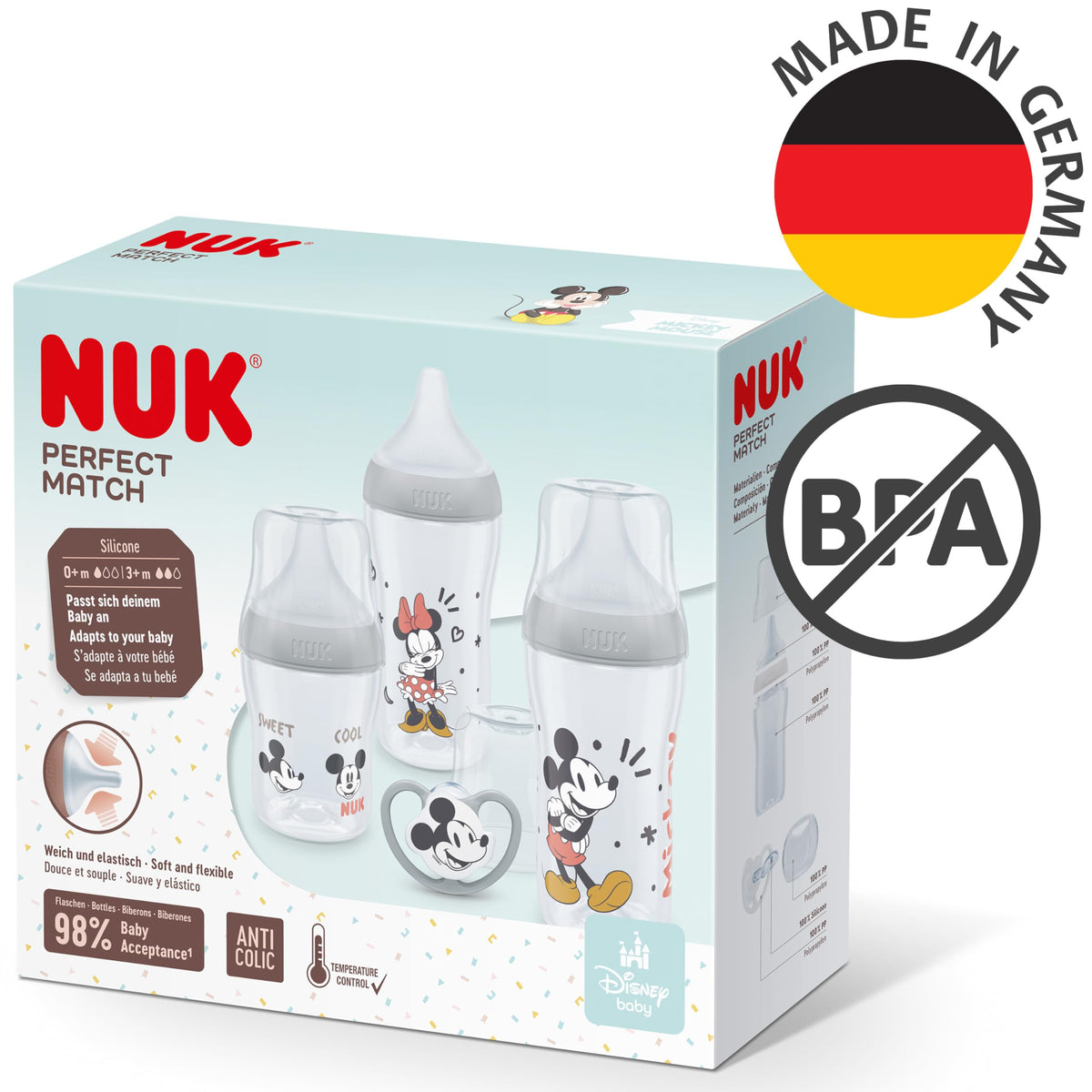 NUK Perfect Match Newborn Baby Bottle Set | 0+ Months | 150ml | Anti Colic Feeding Bottle | PP | Temperature Control Indicator | Rainbow | 4 Count