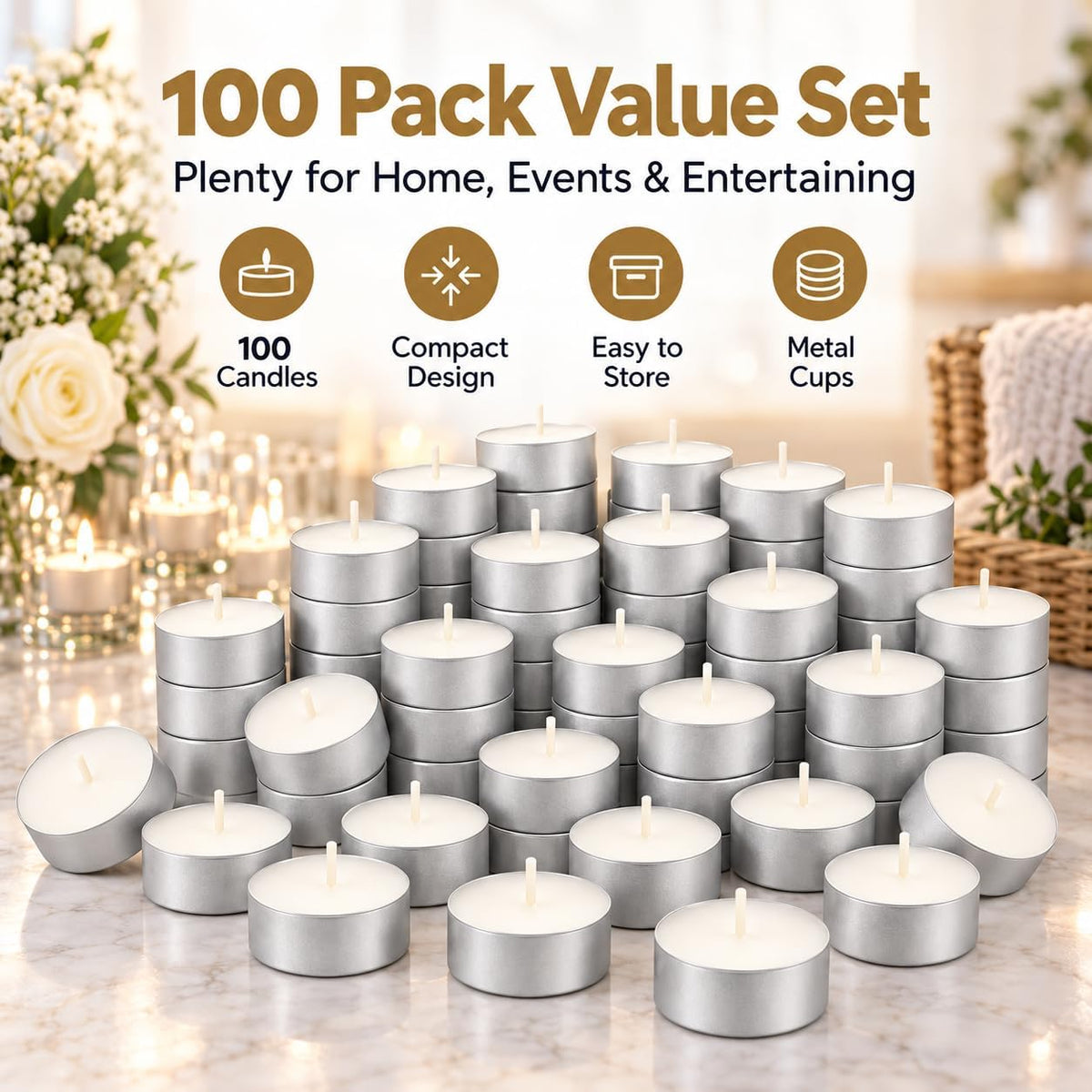 Unscented 8-Hour Tea Light Candles, 50 Pack, Cotton Wicks