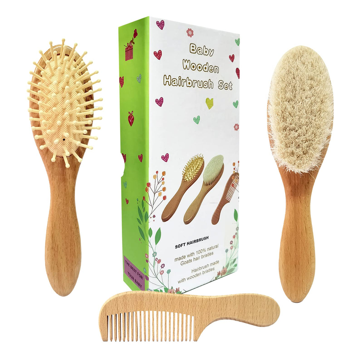 3PCS Baby Hair Brush with Wooden Handle and Comb Set for Newborns & Toddlers | Natural Soft Goat Bristles l Wood Comb l Green Cradle Cap Brush | Ideal for Cradle Cap
