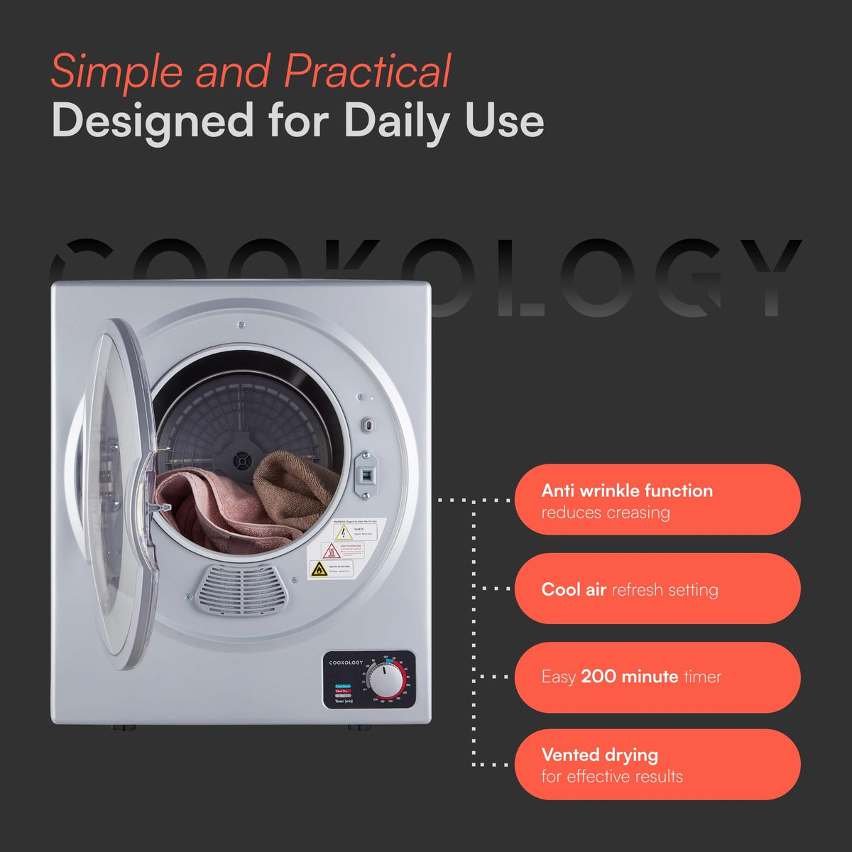 Cookology 2.5kg Mini Vented Tumble Dryer - Tabletop Design - Black