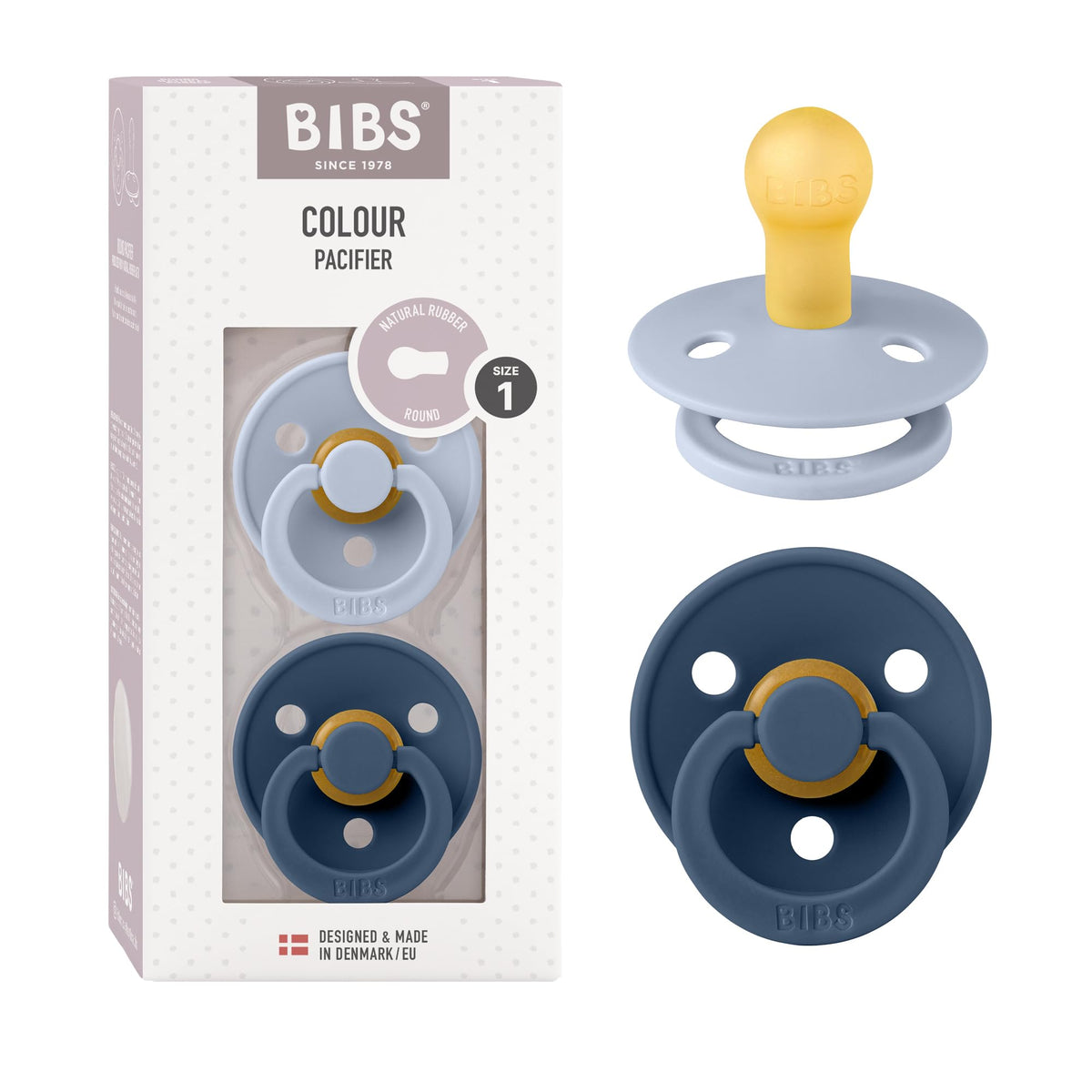 BIBS Colour Soother 2-Pack, BPA Free Dummy Pacifier, Round Nipple. Natural Rubber Latex, Made in Denmark, Size 2 (6-18 Months), Baby Blue