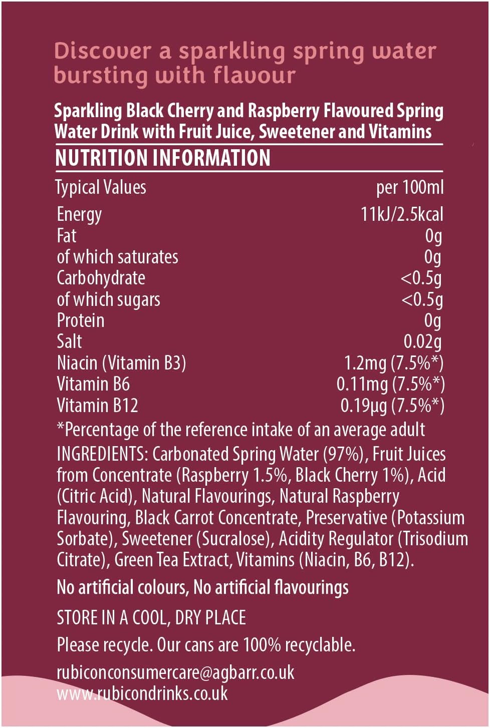 Rubicon Spring Black Cherry Raspberry Flavoured Water, 12 Pack, 330ml Cans