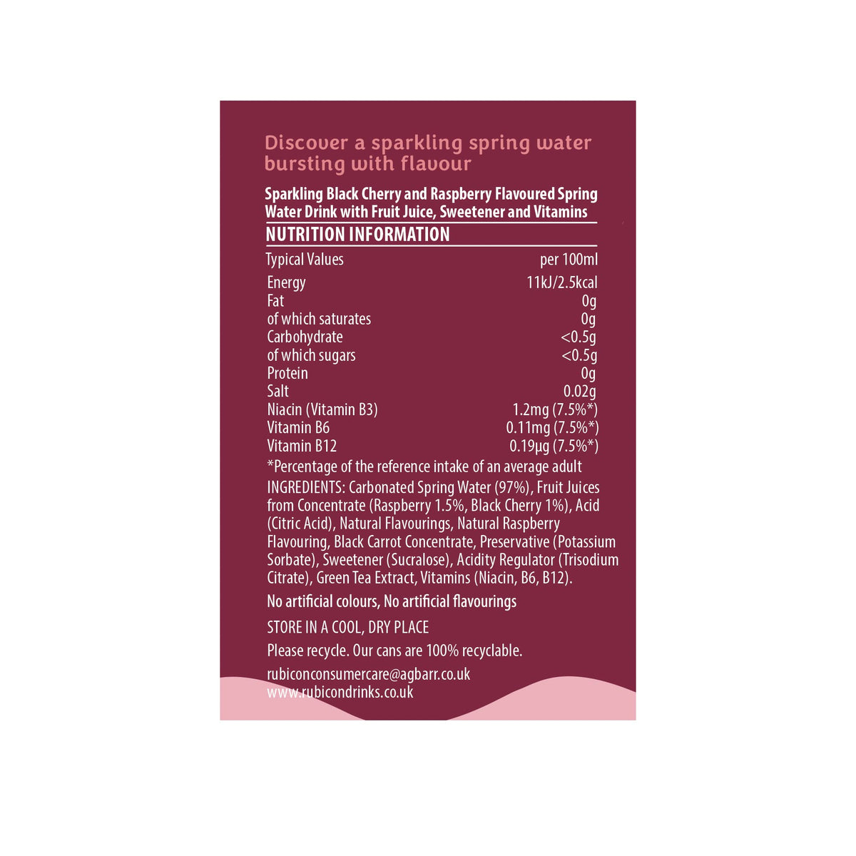 Rubicon Spring Black Cherry Raspberry Flavoured Water, 12 Pack, 330ml Cans
