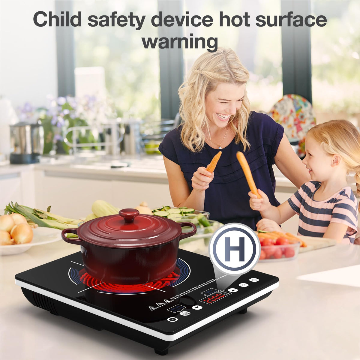 VBGK Portable Ceramic Hob, 2000W Portable Electric Hob, Electric Ceramic Hob, Single Cooking Zone with LED Display, 4-Hours Timer, Safety Lock, Residual Heat Indicator
