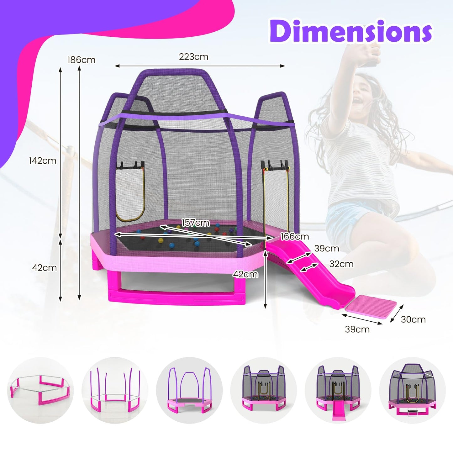 COSTWAY 7ft Kids Trampoline, Hexagonal Trampolines with Slide, Ladder, Safety Enclosure Net and Ocean Balls, Toddler Jumping House for Indoor Outdoor