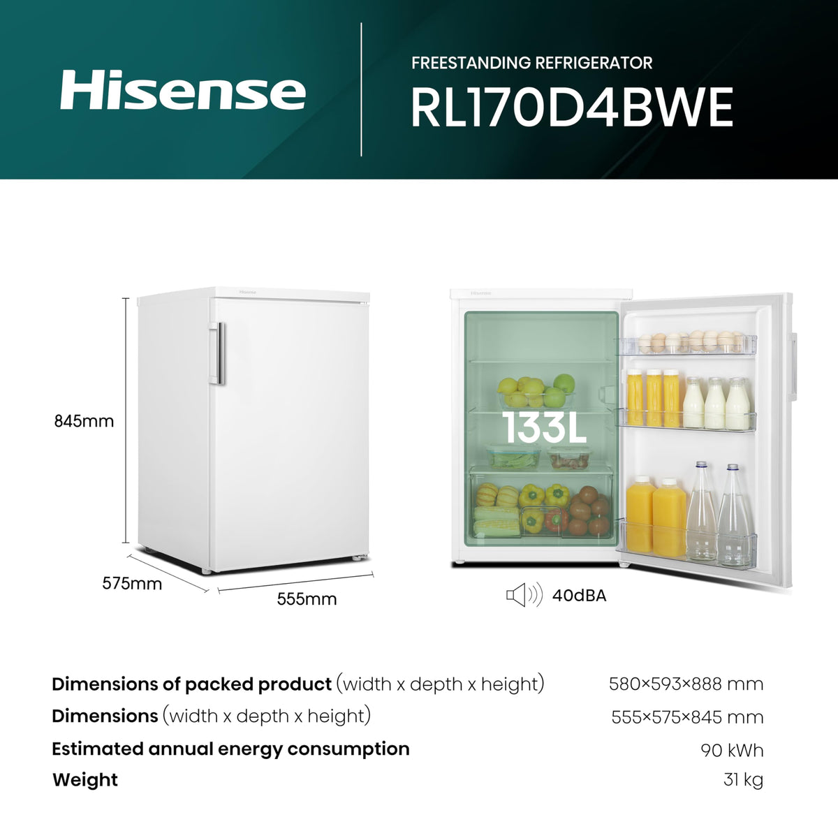 Hisense FV105D4BW21 56cm Under-Counter Freezer, 82-Litre Capacity, Reversible Door, 3 Freezer Drawers, White, E Rated