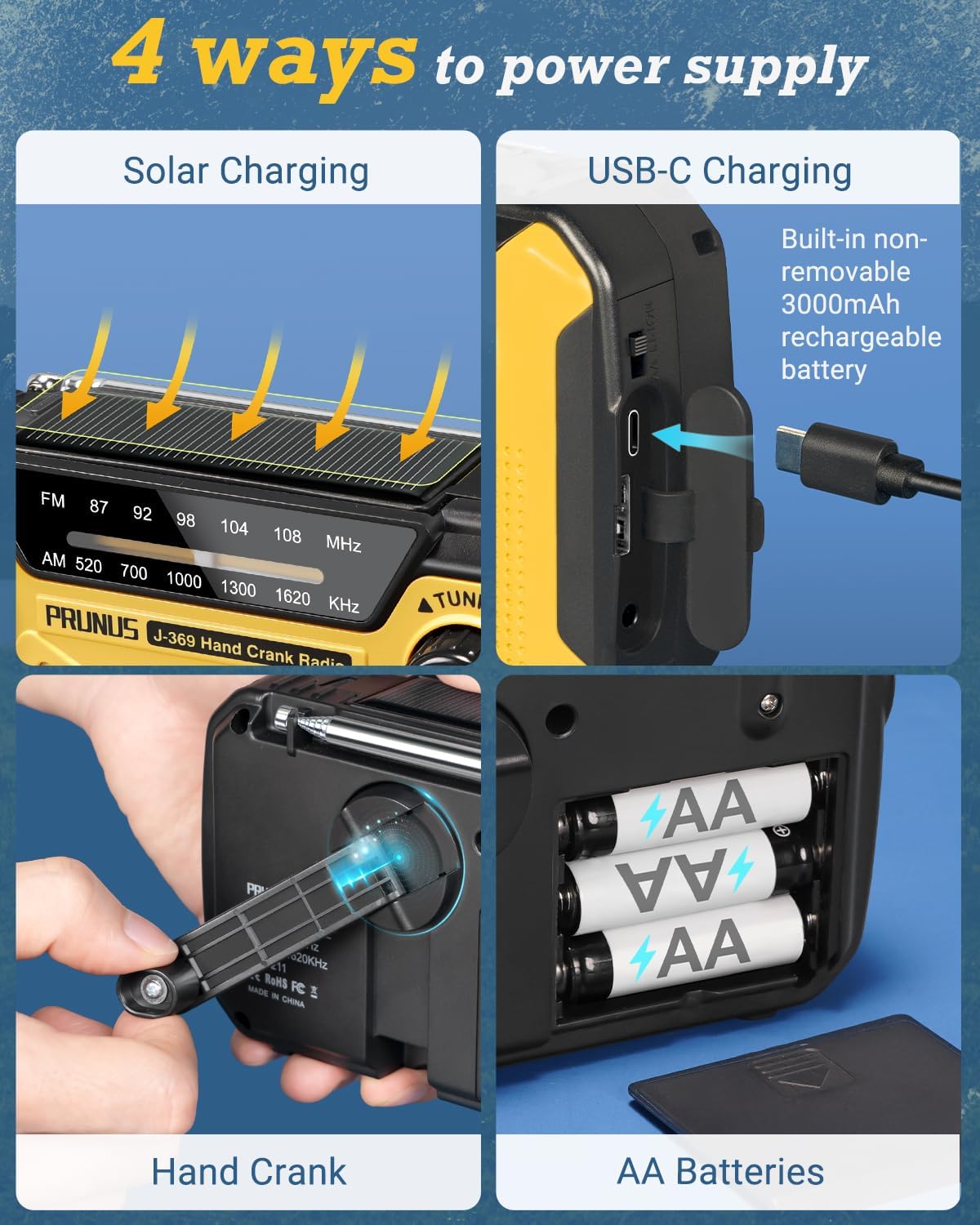 PRUNUS J-369 Wind Up Radio Solar, AM/FM Emergency Hand Crank Radio