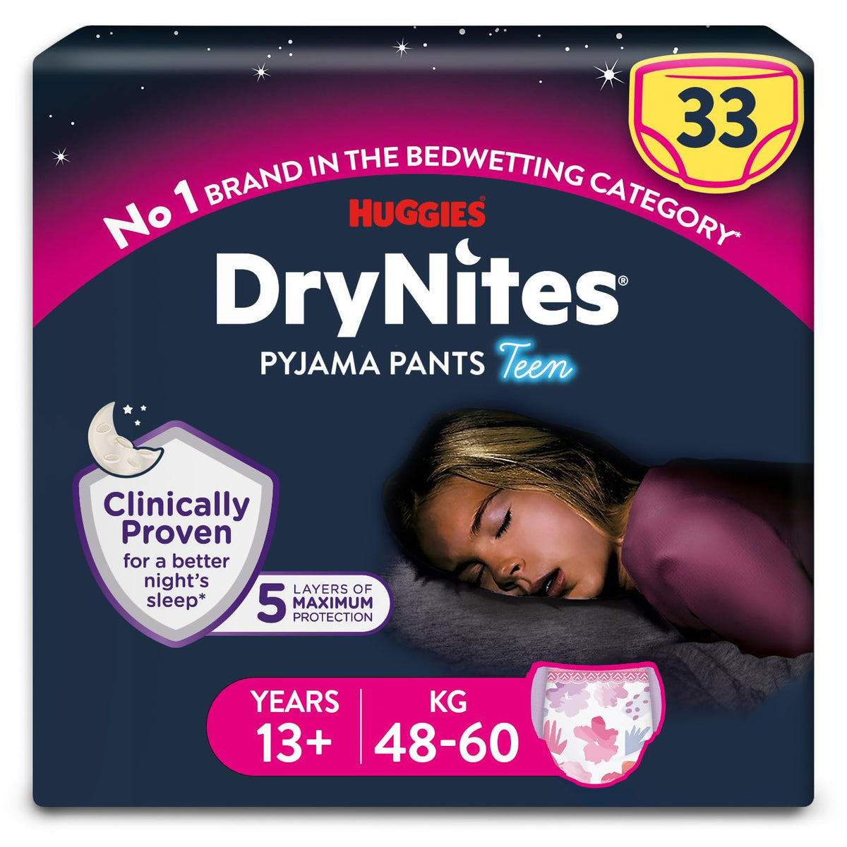 HUGGIES DryNites Pyjama Pants, Girl's 4-7 Years (17-30KG), 30 x Bedwetting Pants, Up to 100% Leak Free Nights