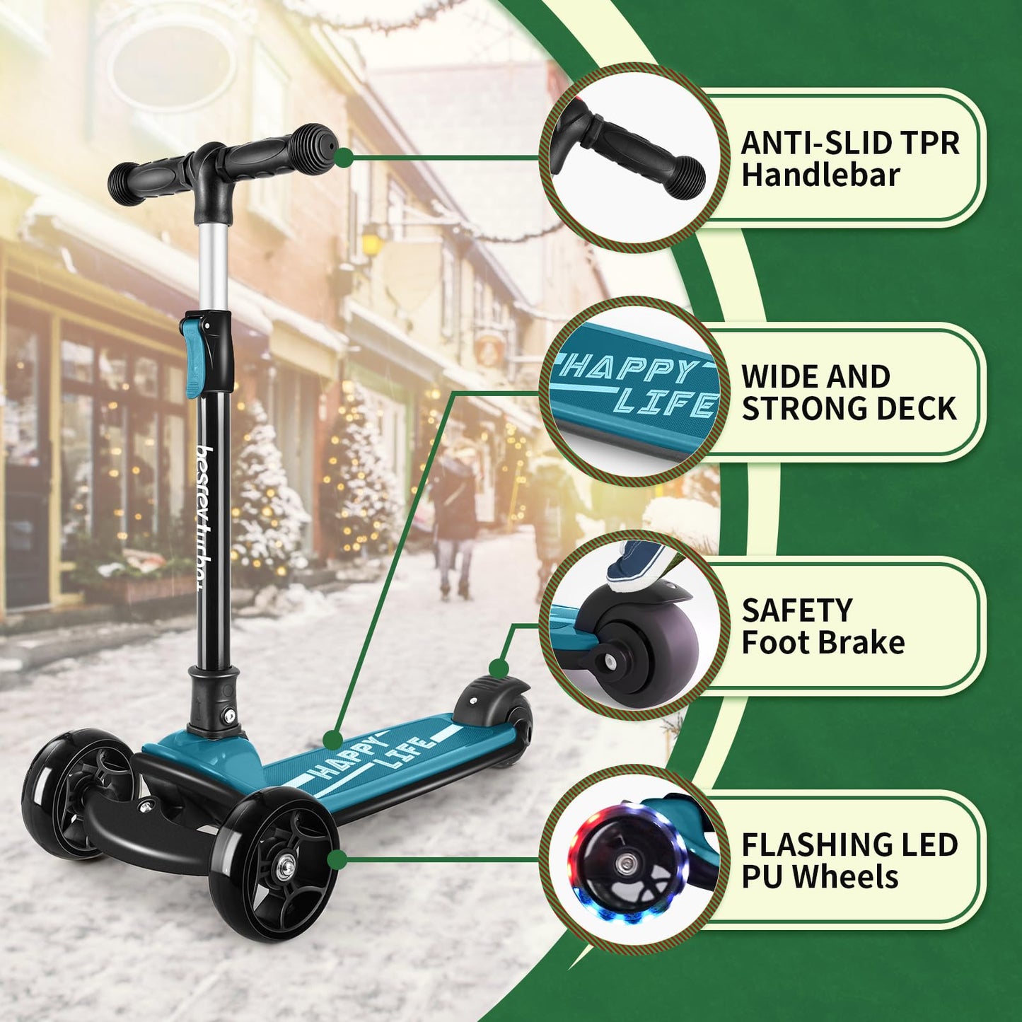 besrey 3-Wheel Toddler Scooter with Lean-to-Steer — Foldable, Anti-Slip Deck | Max 50 kg