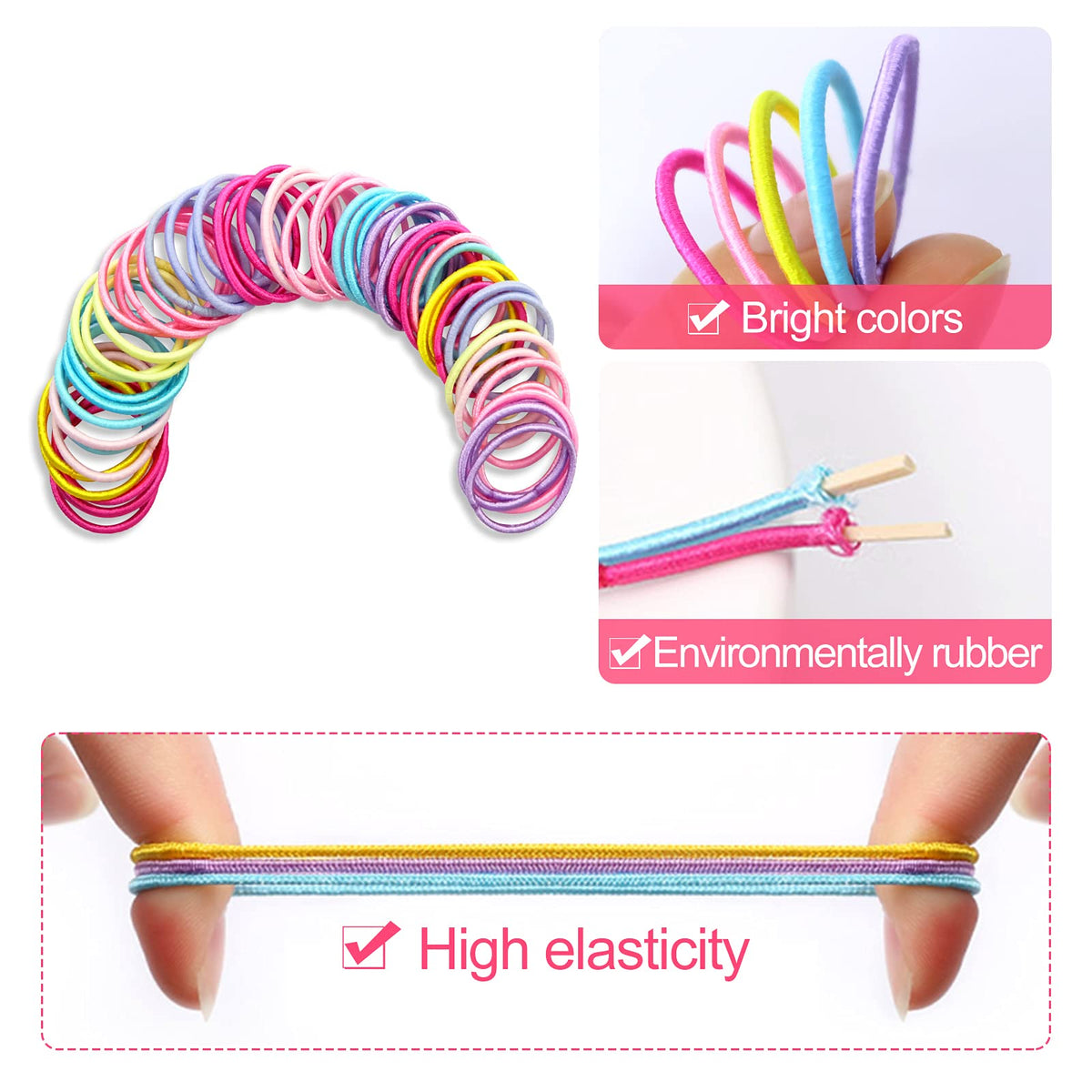 Hanyousheng 200 Pieces Hair Ties,Elastic Hairbands Ponytail Holders Hair Tie, Multicolor 2mm Hair Bands No Crease Hair Elastics Small Ponytail Holders Hair Accessories for Kids Girls Infants Toddlers