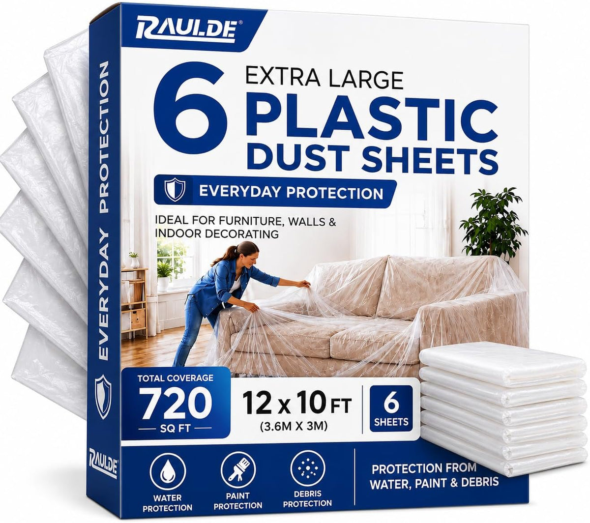 Raulde 6 Pack Extra Large Plastic Dust Sheets for Decorating 3.6 x 3m (12 x 10ft), Light Dust Sheet for Painting & Furniture - Plastic Sheet - Plastic Sheeting - Decorating Sheets - Dust Cover