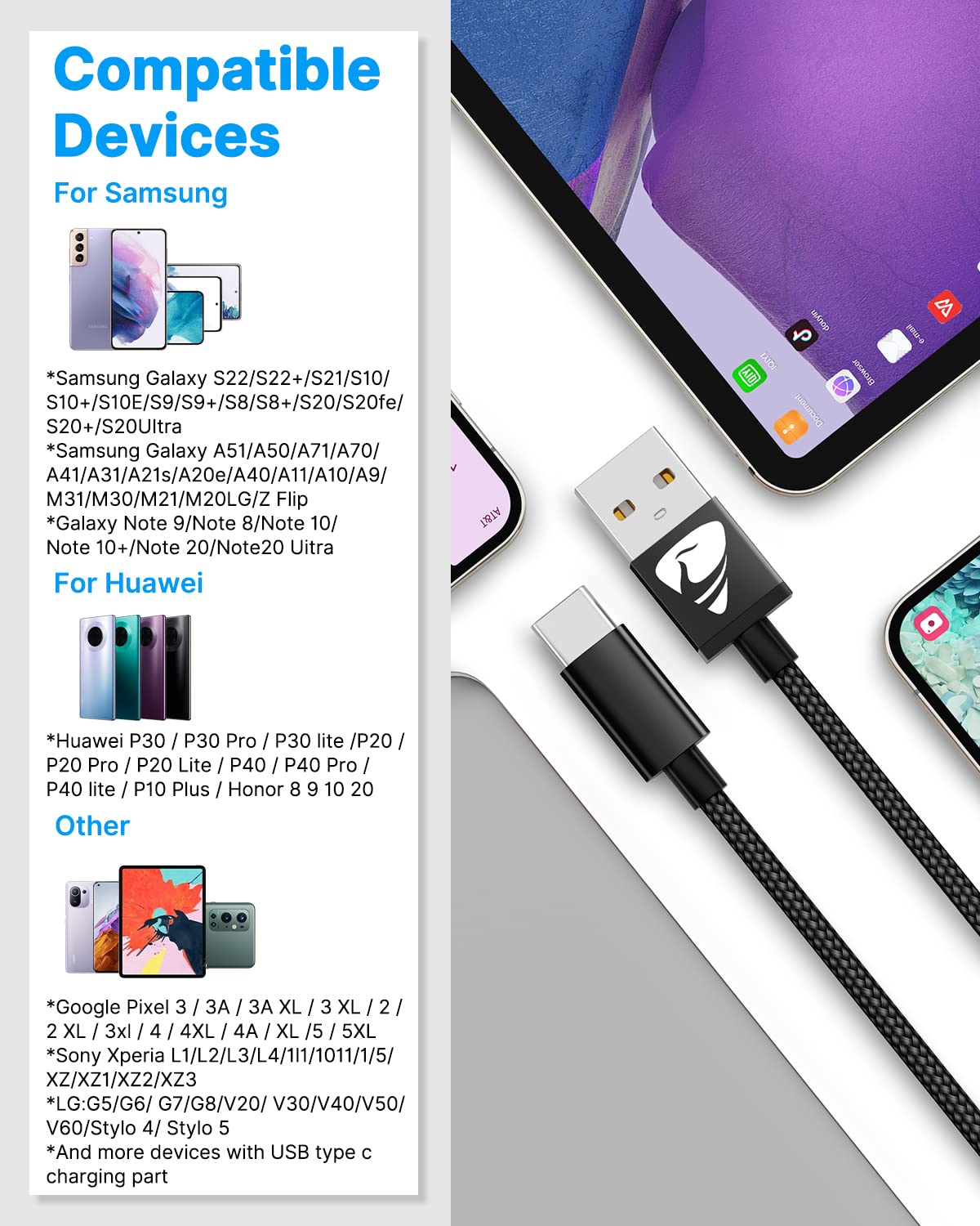 Yosou USB C Charger Cable 2M 2Pack USB A to USB C Type C Charger Fast Charging 3A Lead Braided for Samsung Galaxy S22 S21 S20,Pixel 8 7 6,PS5,Switch