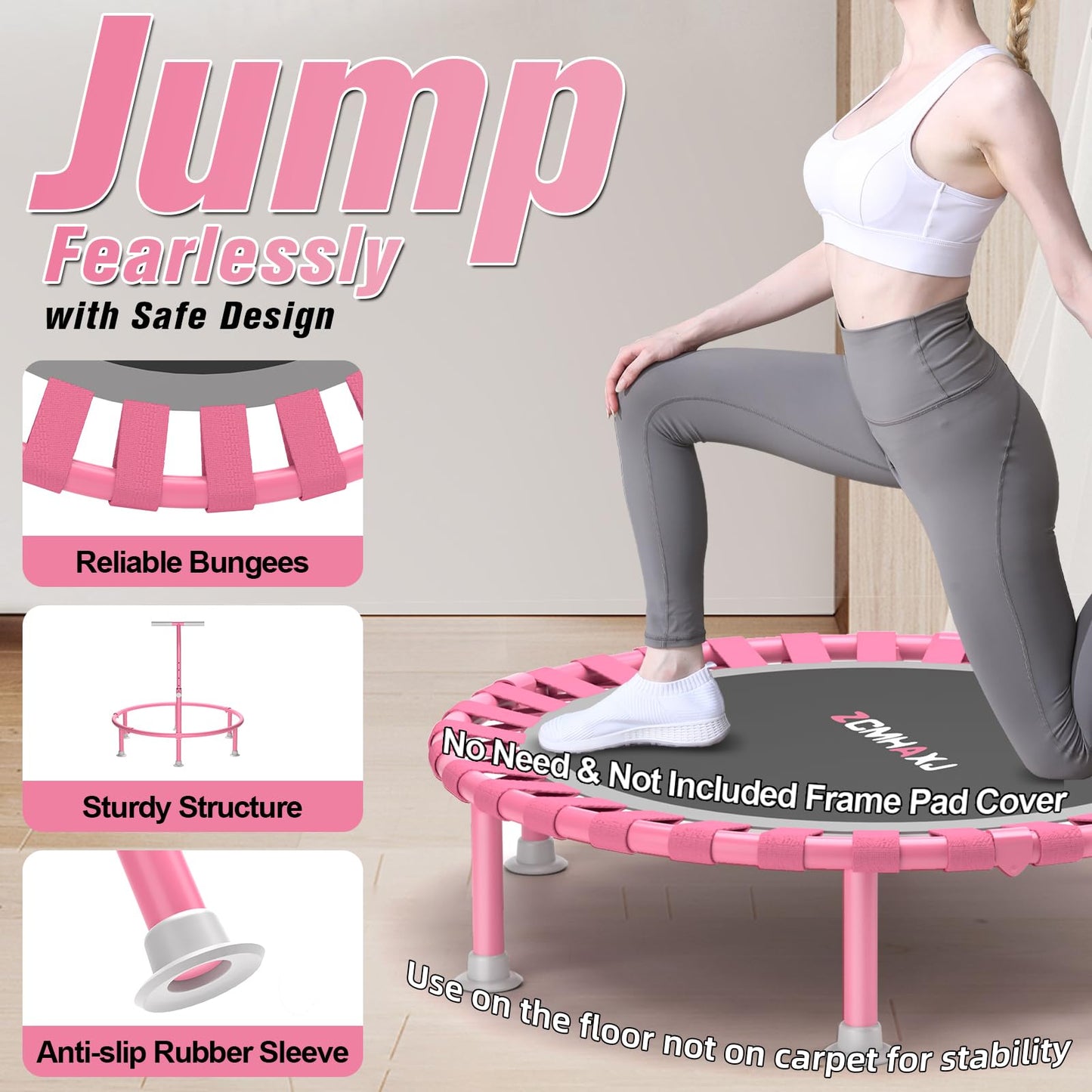 ZCMHAXJ Foldable Mini Trampoline, 40" Rebounder Trampoline for Adults & Kids, 450lbs Capacity with/without U/T-Shaped Adjustable Bar, Indoor Fitness Workout Exercise Equipment