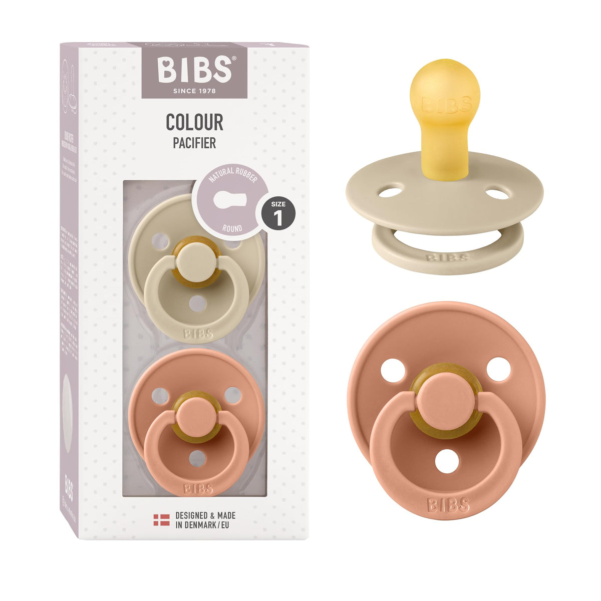 BIBS Colour Soother 2-Pack, BPA Free Dummy Pacifier, Round Nipple. Natural Rubber Latex, Made in Denmark, Size 2 (6-18 Months), Baby Blue