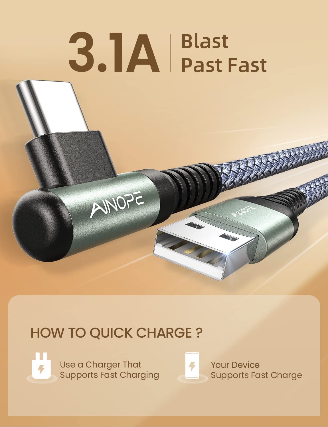 AINOPE USB C Charger Cable,(2Pack 2M) 3.1A Right Angle USB to USB C Cable