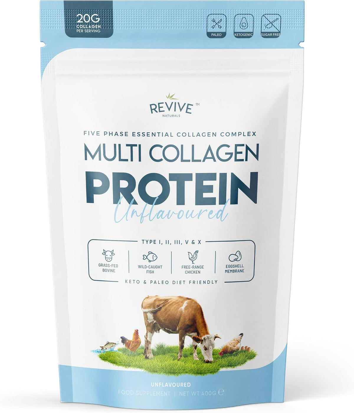 Multi Collagen Protein Powder 400g - Types I, II, III, V & X - Hydrolyzed Grass Fed Bovine, Wild Caught Fish, & Free-Range Chicken & Eggshell Collagen by Revive Naturals