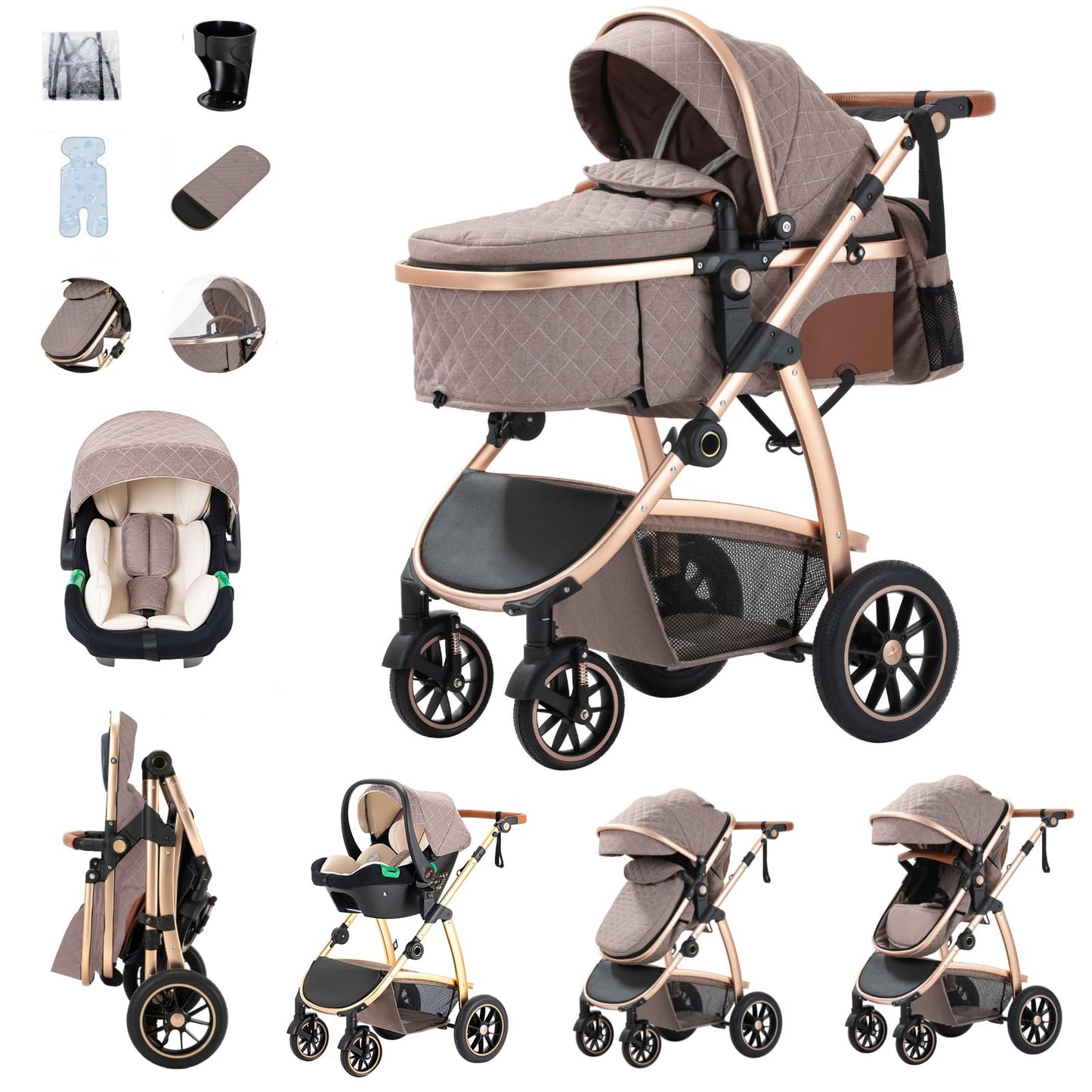 Zkipm Baby Pram 3 in 1, Foldable Baby Stroller,Pram Set Travel with Adjustable-Height Push Handle, Present Rain Cover, Mosquito Net, Bag, Cooling Mat, ect for Ages 0–3