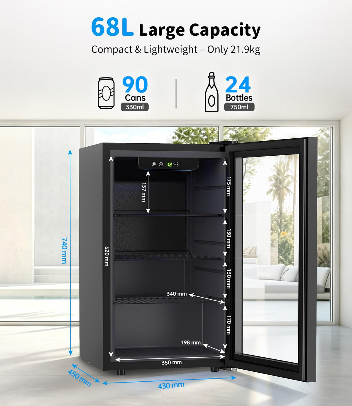 WIE 48L Drinks Fridge with Glass Door, Beer Fridge for 68 Cans or 12 Wine Bottles, Mini Fridge 4-16°C Touch Control, Quiet Beverage Refrigerators with LED Light, Reversible Door for Home, Bar, Office