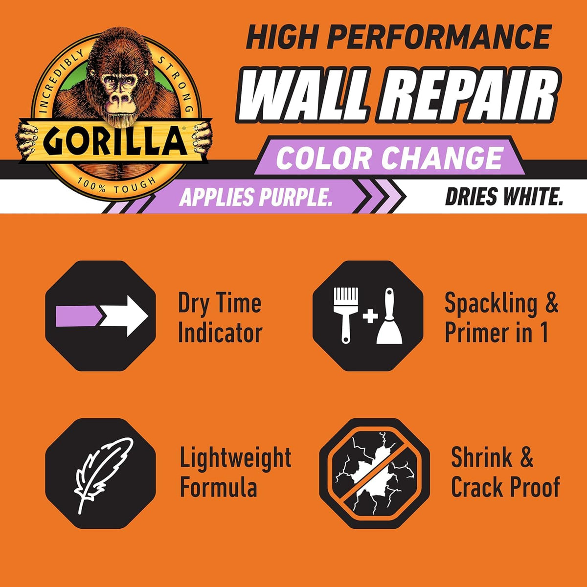 Gorilla Smooth Finish Wall Filler, 473ml – Applies Purple & Dries White | Repairs Small and Large Holes in Walls & Ceiling, Smooth Finish, Won’t Shrink or Crack, Fills any Depth| Indoor & Outdoor Use
