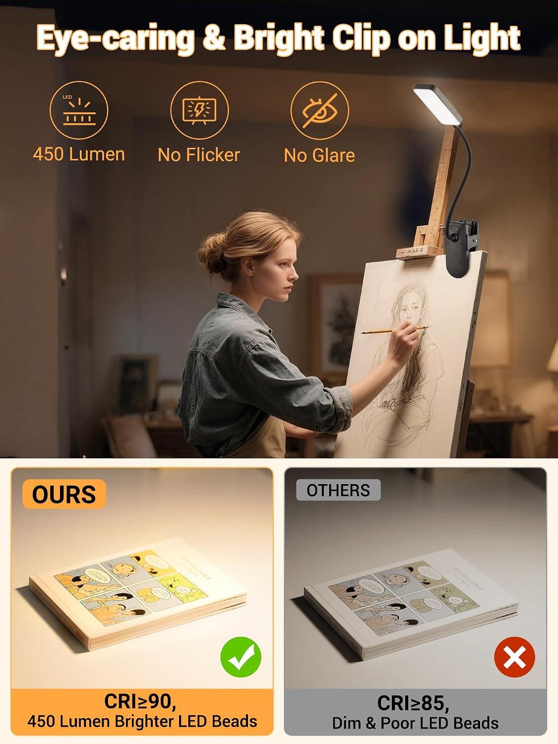 Reading Light,9 Brightness+5 Colors Clip on Light, LED Desk Lamp Table Lamp