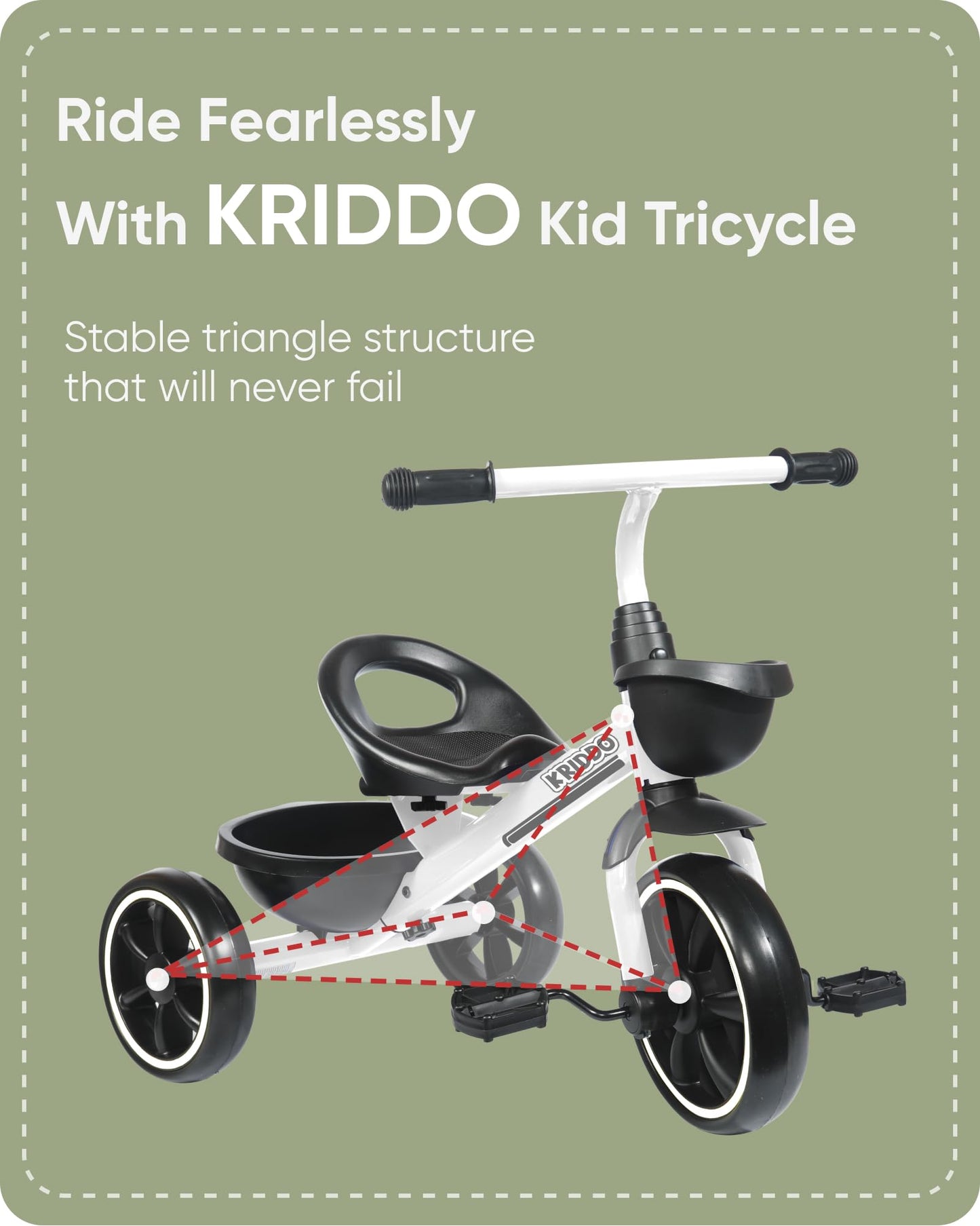 KRIDDO Toddler Tricycle — Anti-Tip Design, BPA-Free | Ages 18 Months to 4 Years | Pink