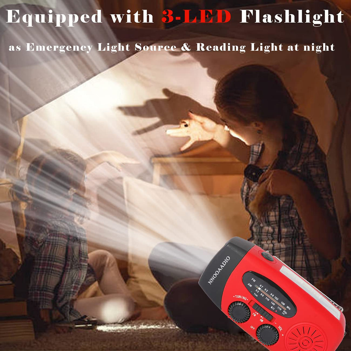 NNOOAADIO Wind Up Solar Hand Crank Radio, 2000mAh SOS Alarm for Camping